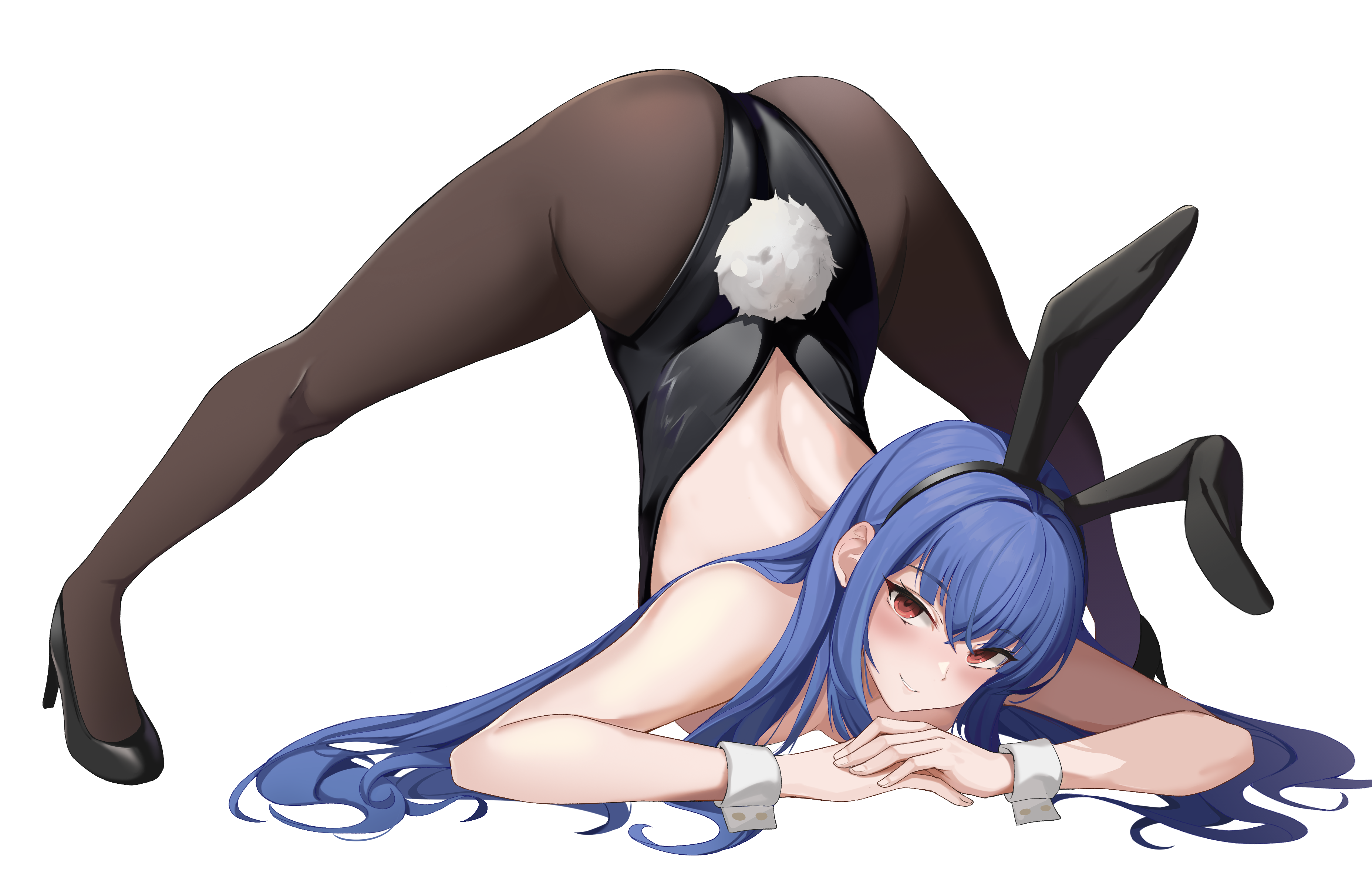 Anime 3709x2421 anime girls simple background bunny suit pantyhose bent over spread legs blue hair long hair red eyes smiling Jack-O Challenge back