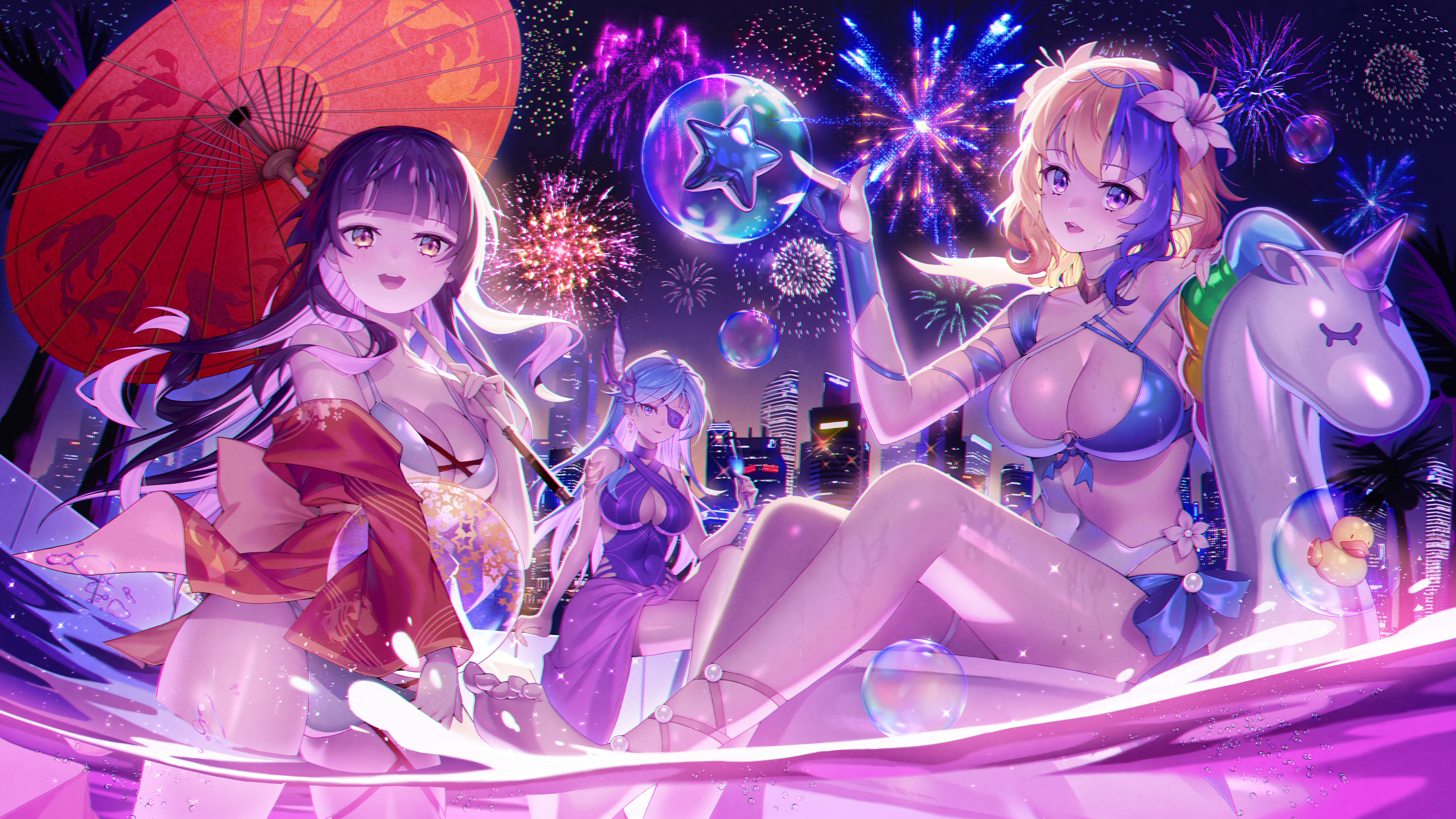 Anime 4800x2700 anime anime girls Lemonpear artwork night fireworks swimwear cleavage big boobs