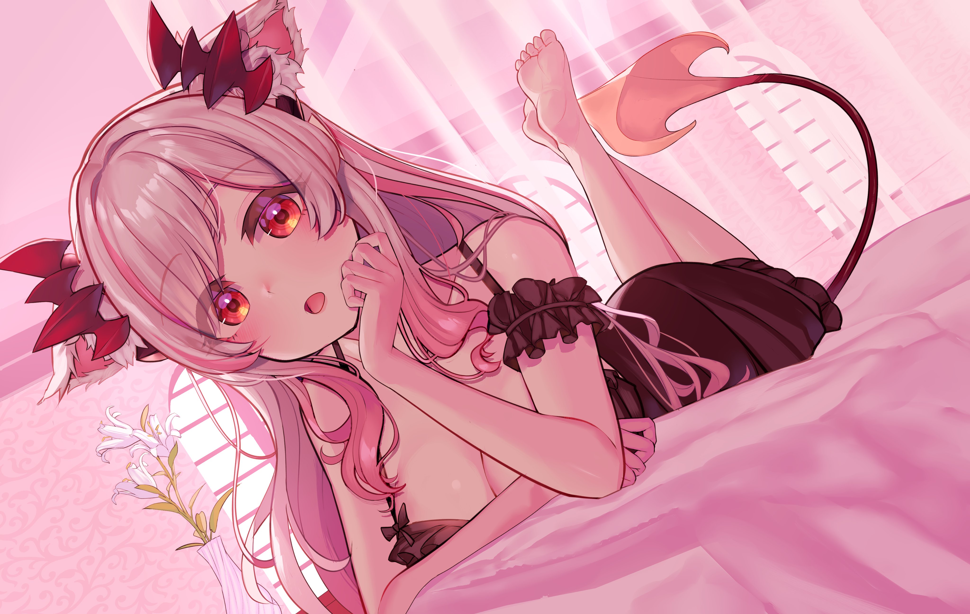 Anime 4096x2596 anime anime girls Honey Strap Suou Patra (Honey Strap) animal ears horns tail lying on front feet in the air cleavage feet red eyes