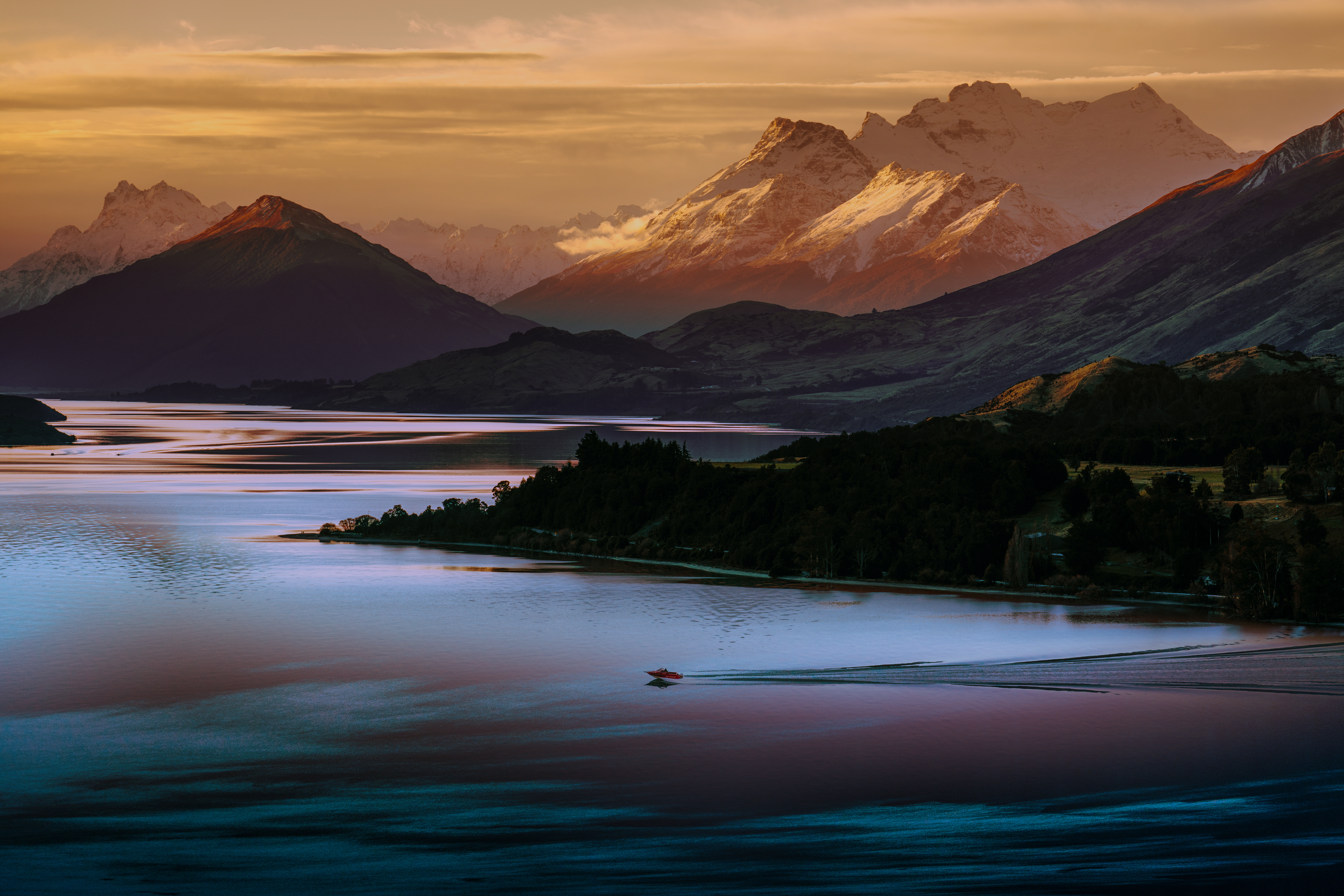General 7157x4775 New Zealand Queenstown nature landscape mountains sunset photography forest trees water lake low light
