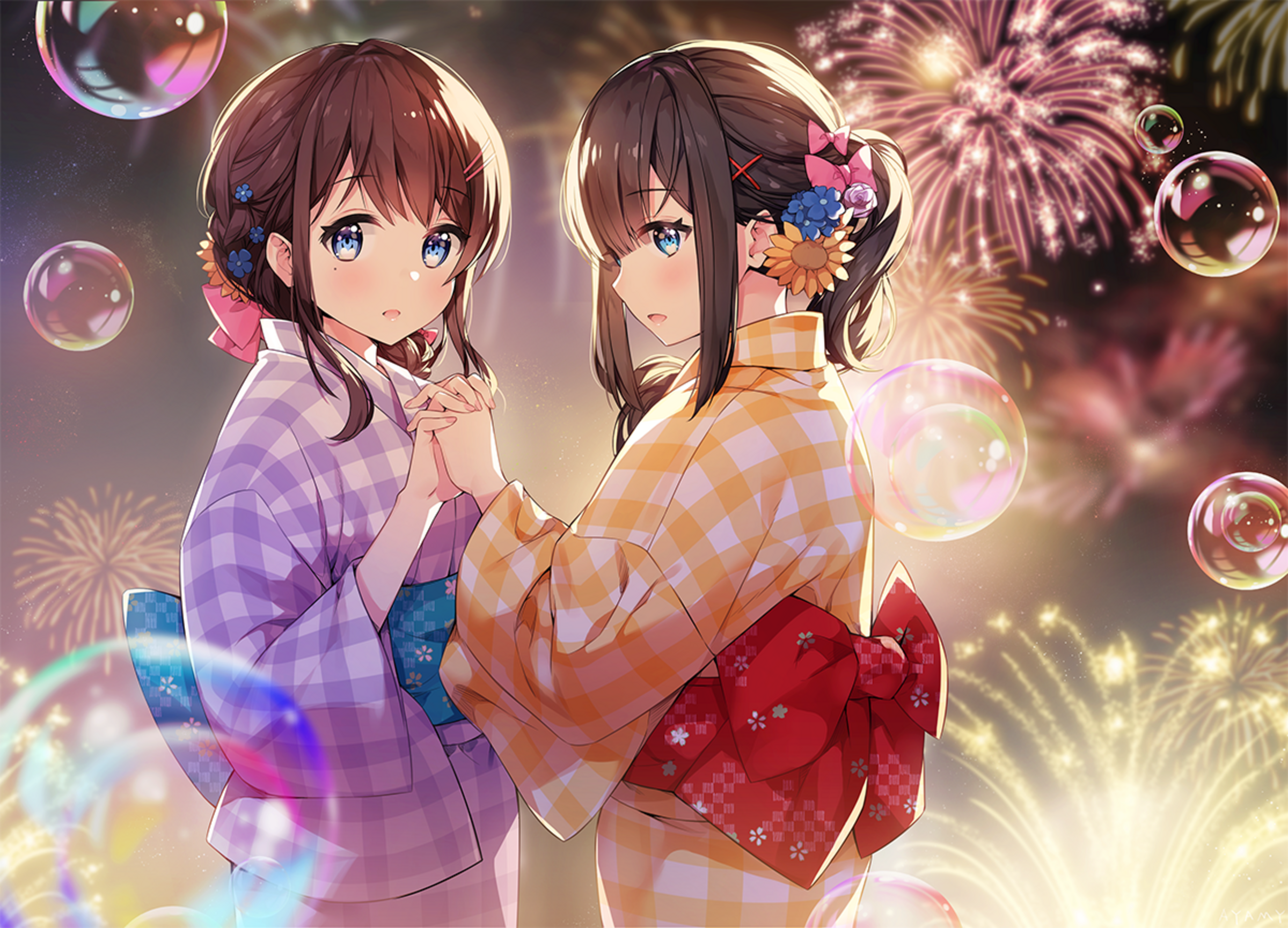 Anime 2400x1730 anime anime girls original characters twins two women artwork digital art fan art fireworks bubbles