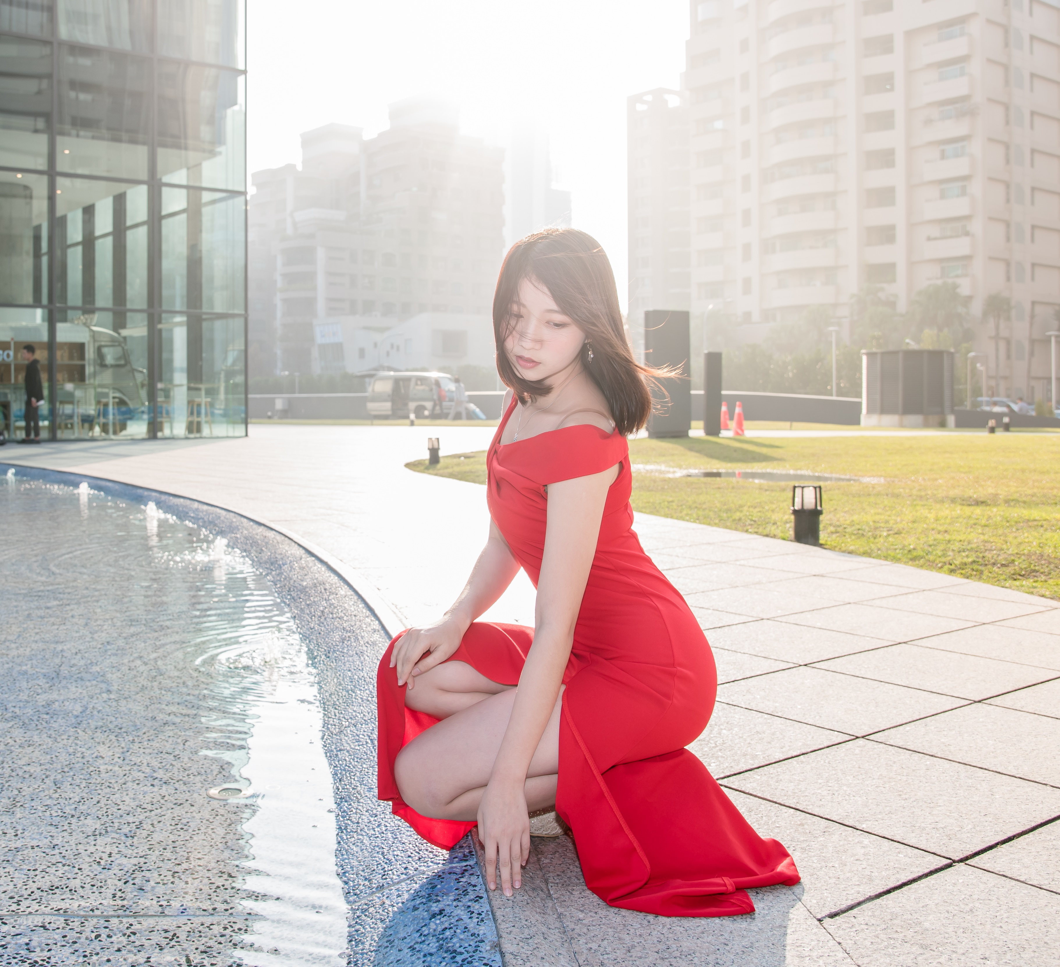 People 3643x3322 Asian women model dark hair red dress hair blowing in the wind dress red clothing legs squatting bare shoulders long hair red lipstick pale sunlight women outdoors outdoors