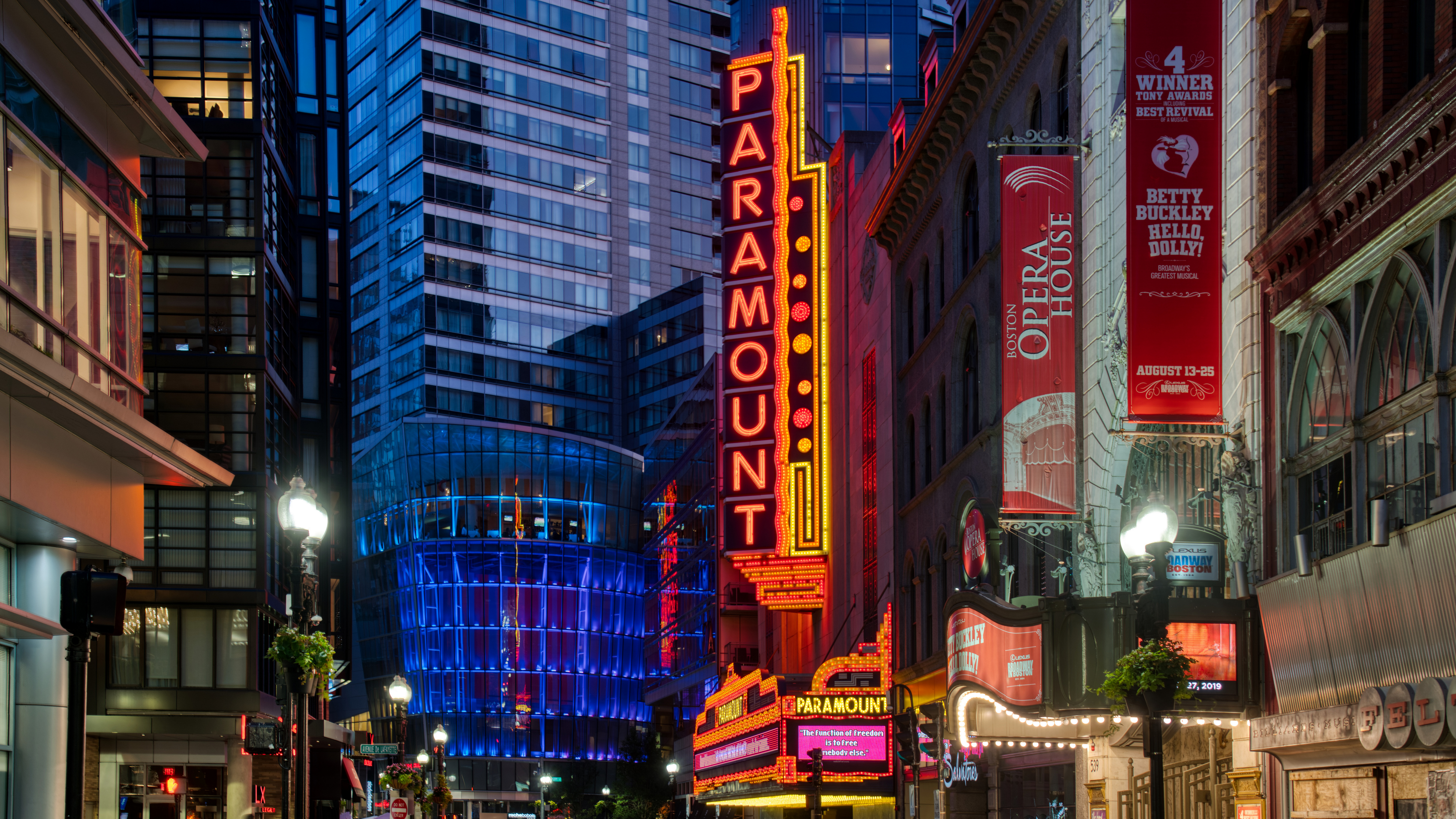 General 7680x4320 photography Trey Ratcliff cityscape night lights building theaters Massachusetts USA Boston