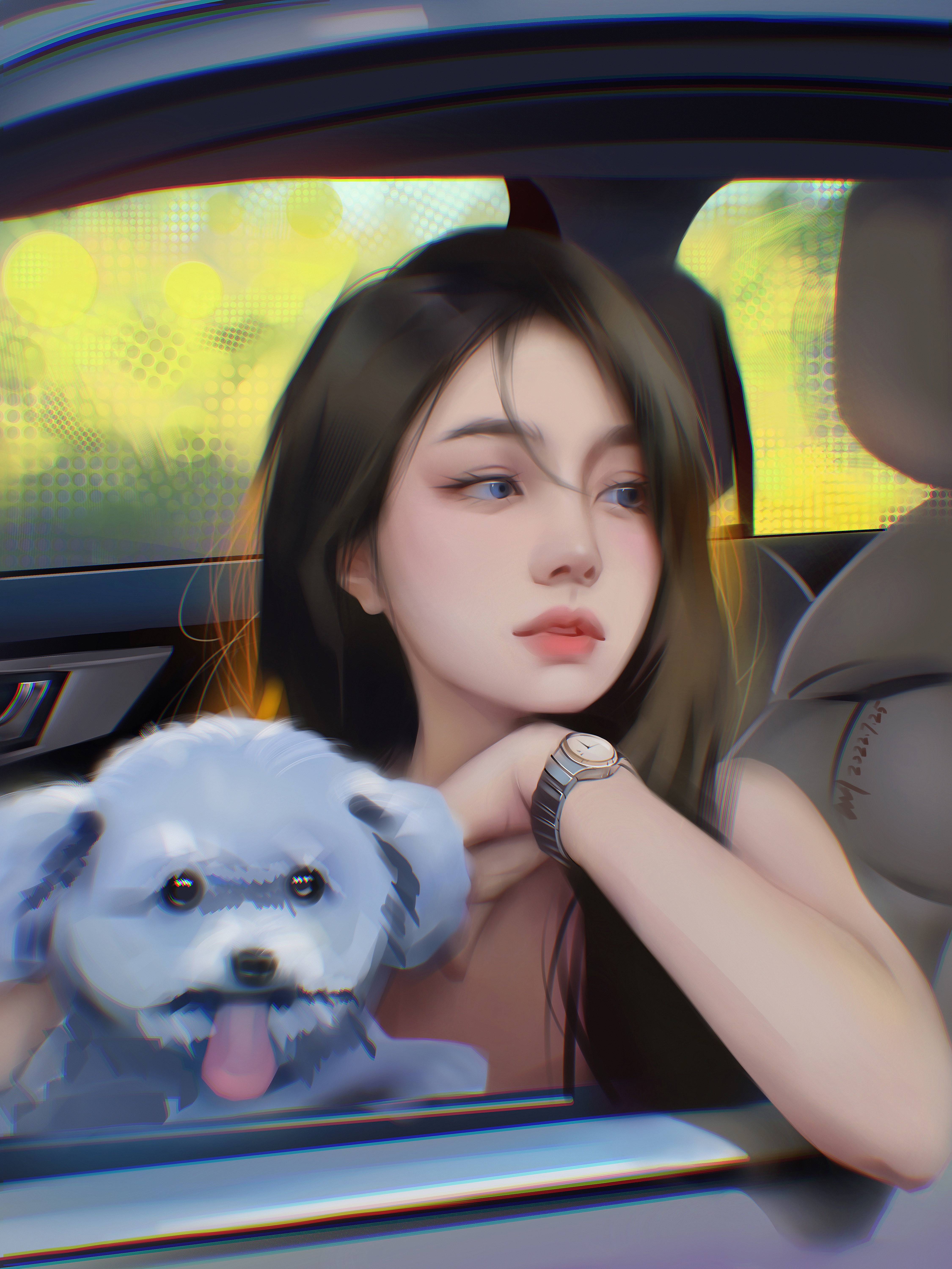 General 4500x6000 Asian blue eyes women car interior dog