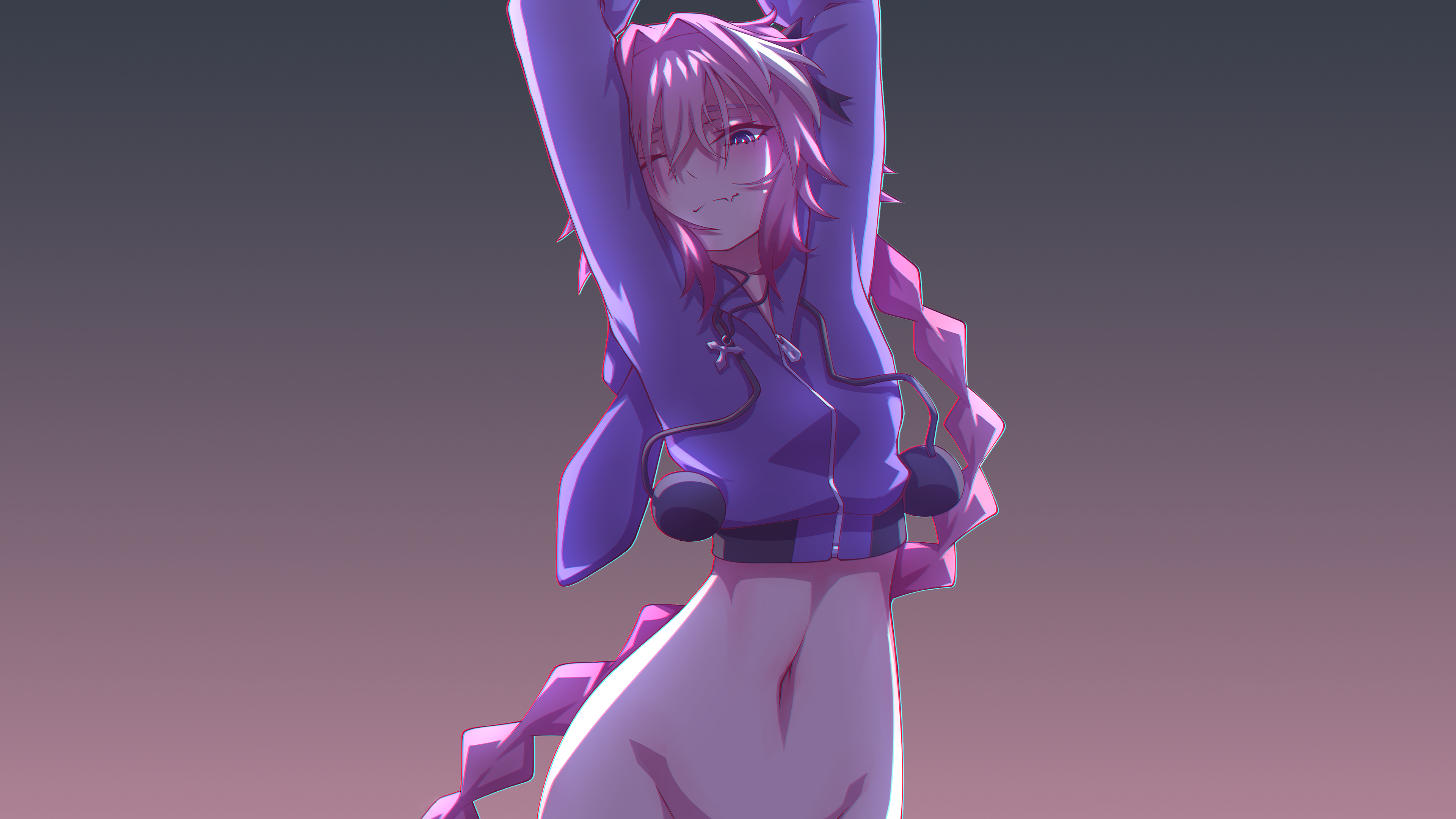 Anime 3840x2160 Hej Astolfo (Fate/Apocrypha) Fate/Grand Order Fate series pink hair long hair hair bows purple eyes fangs purple hoodie bare midriff bottomless braids looking at viewer stretching men femboy