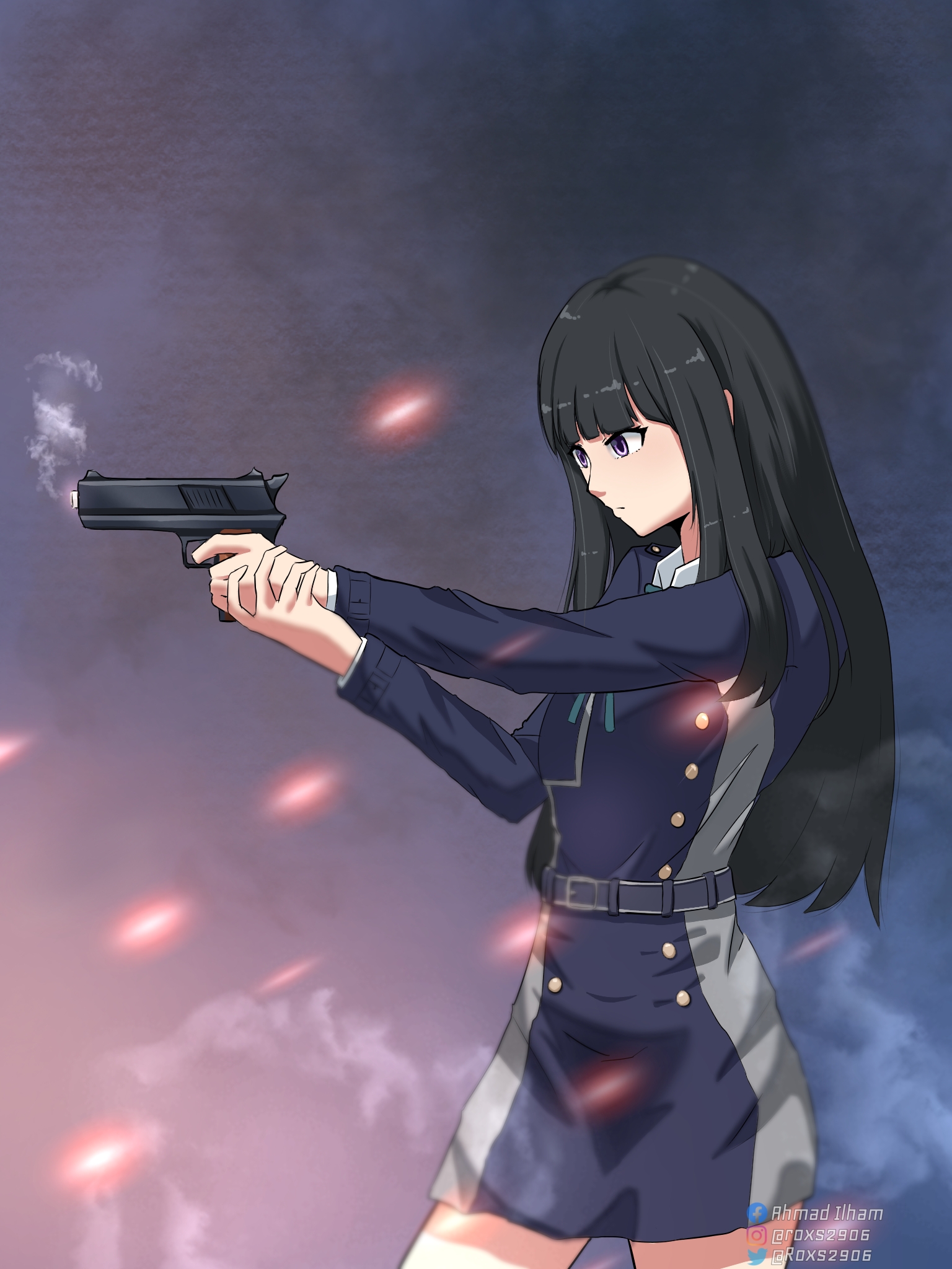 Anime 1536x2048 anime anime girls Lycoris Recoil Inoue Takina long hair black hair solo artwork digital art fan art gun girls with guns