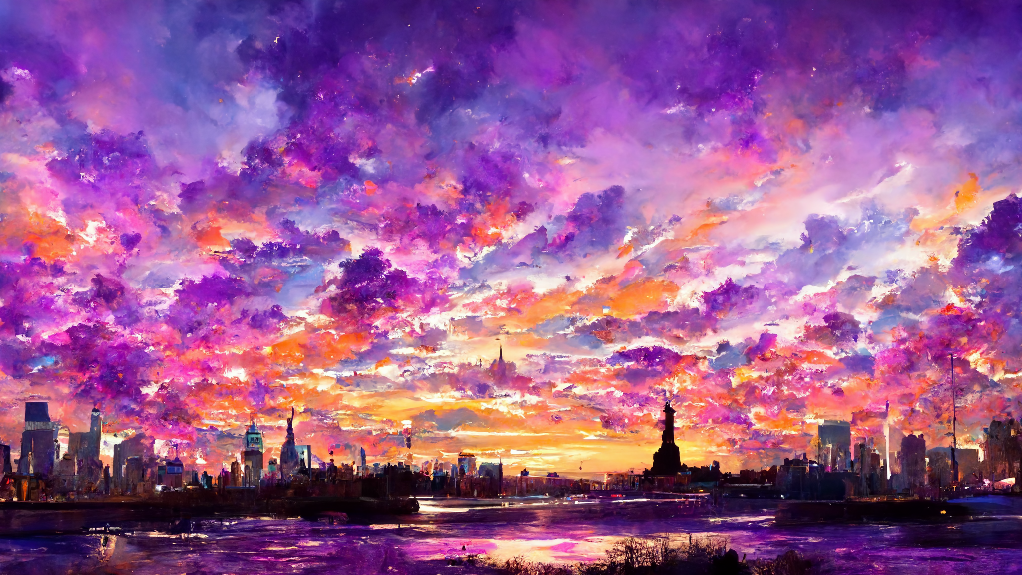 General 2048x1152 sunset New York City clouds sky painting