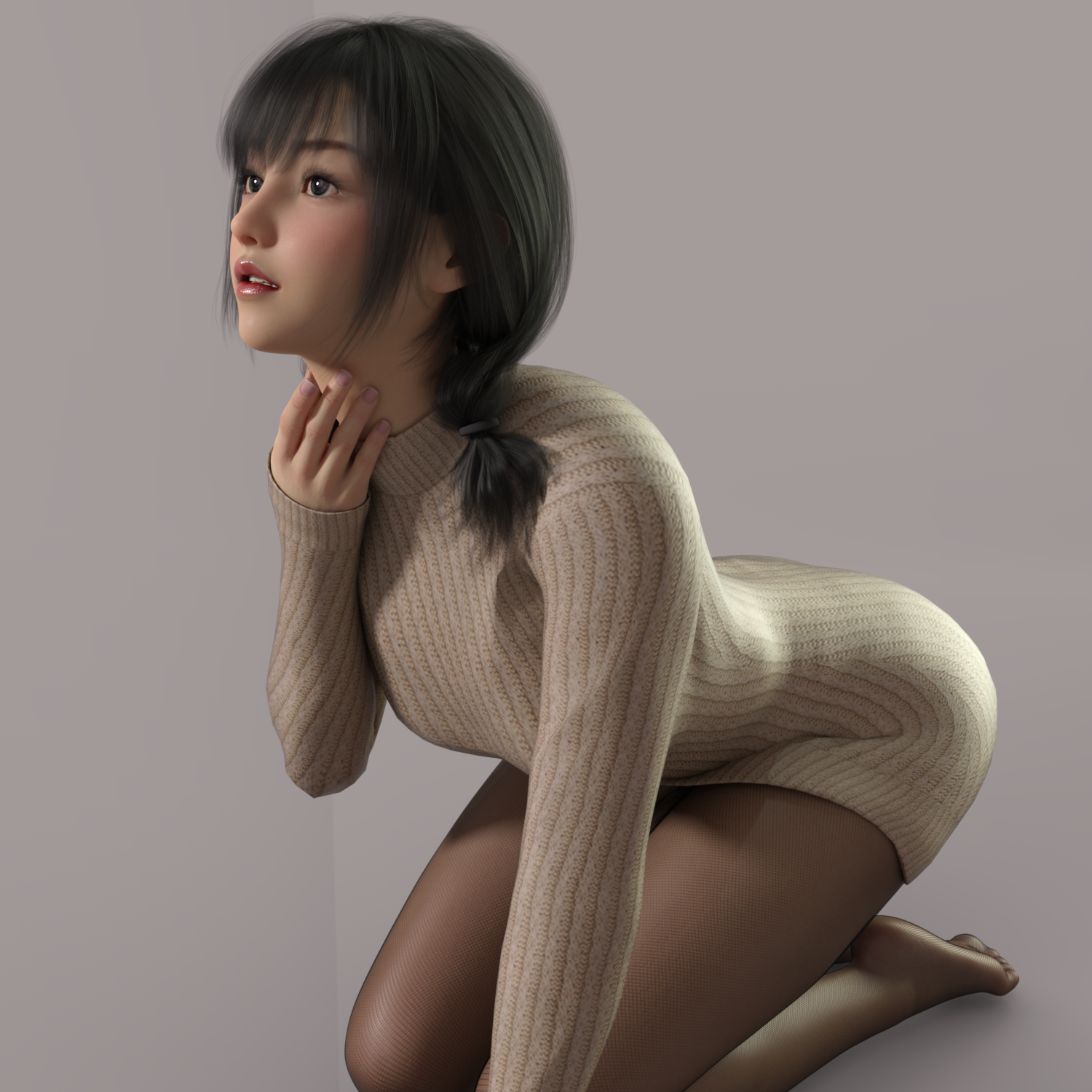 General 1500x1500 Asian women digital art kneeling sweater pantyhose
