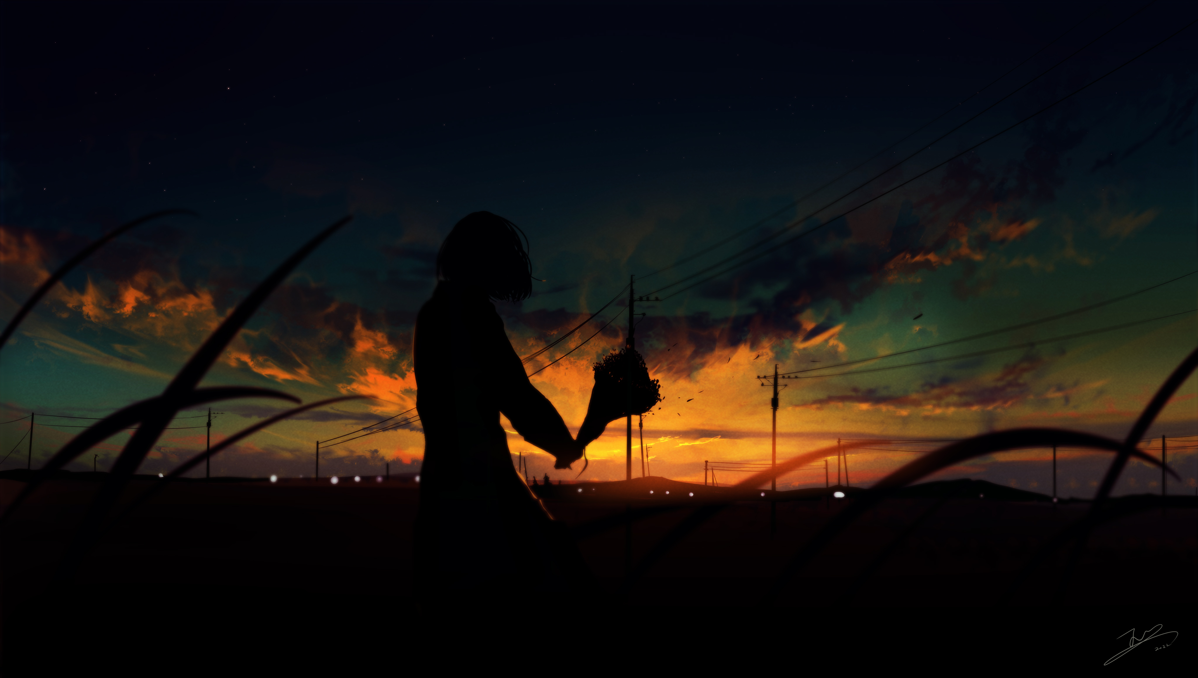 General 4096x2320 artwork landscape Pixiv dusk sunset fantasy girl silhouette bouquet