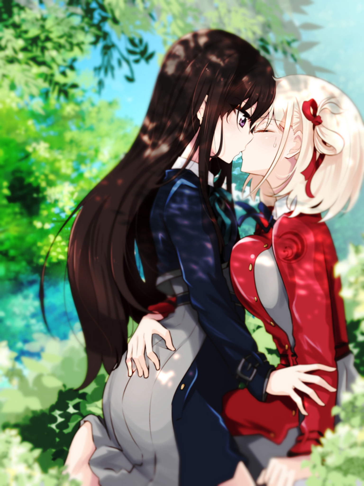 Anime 1536x2048 anime anime girls Lycoris Recoil Nishikigi Chisato Inoue Takina short hair blonde long hair black hair two women artwork digital art fan art yuri kissing