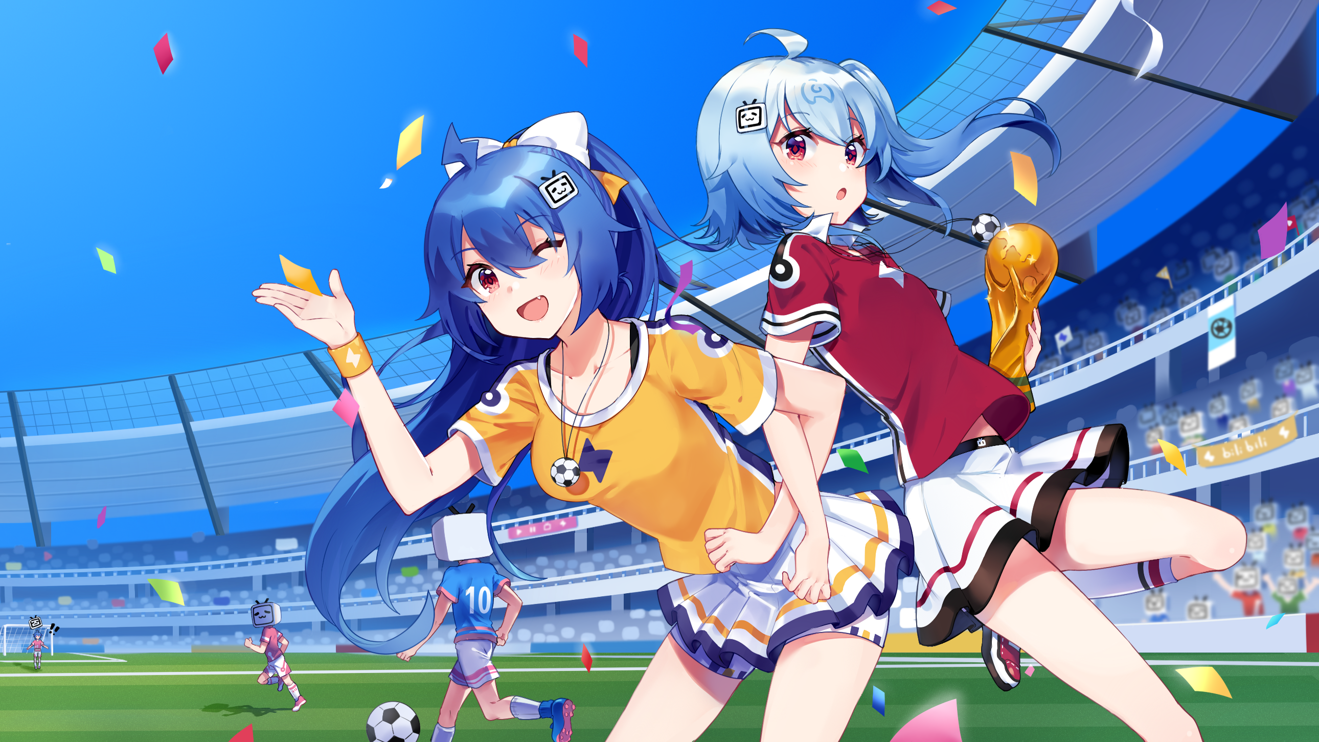Anime 2580x1451 22(bilibili) 33(bilibili) bilibili digital art anime girls confetti soccer ball