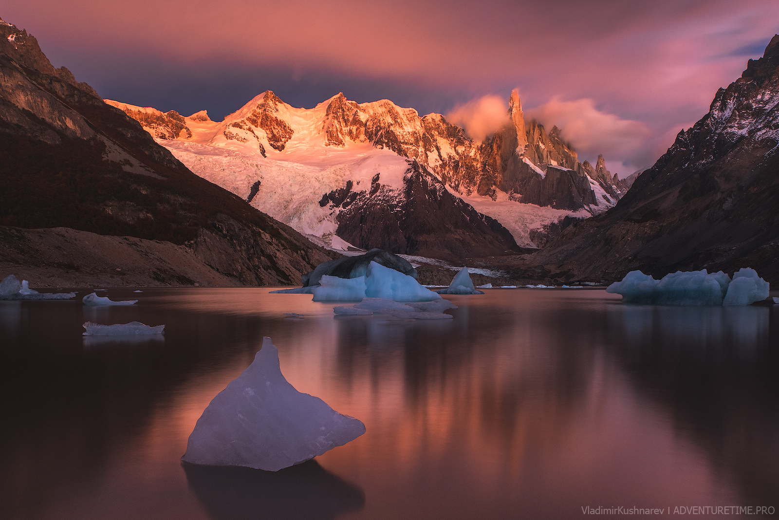 General 1600x1068 Vladimir Kushnarev landscape mountains snow golden hour ice lake horizon sky Patagonia