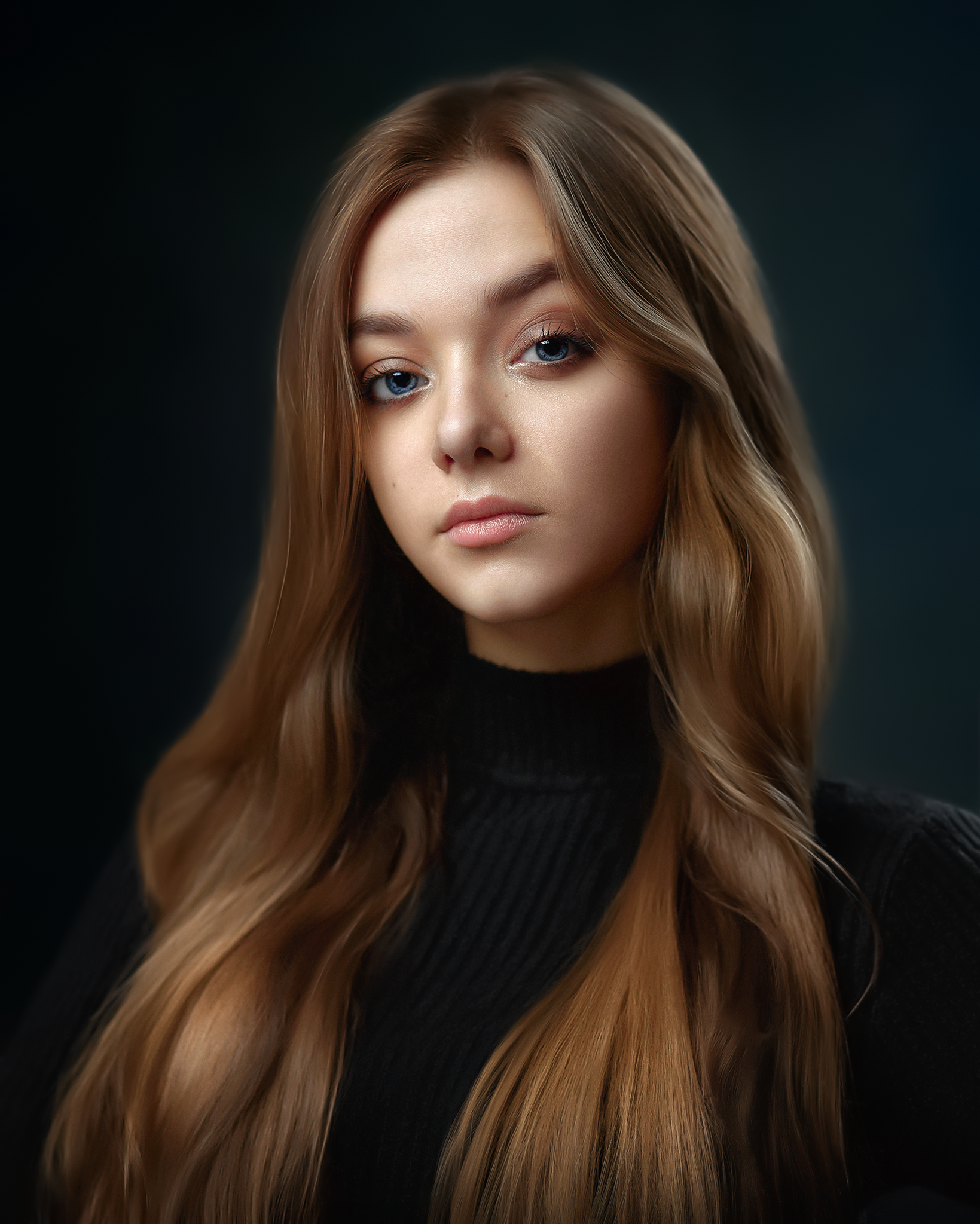 People 1639x2048 Ivan Kovalyov women brunette long hair blue eyes black clothing looking at viewer simple background portrait black sweater turtlenecks closed mouth Caucasian dark background young women sweater solo