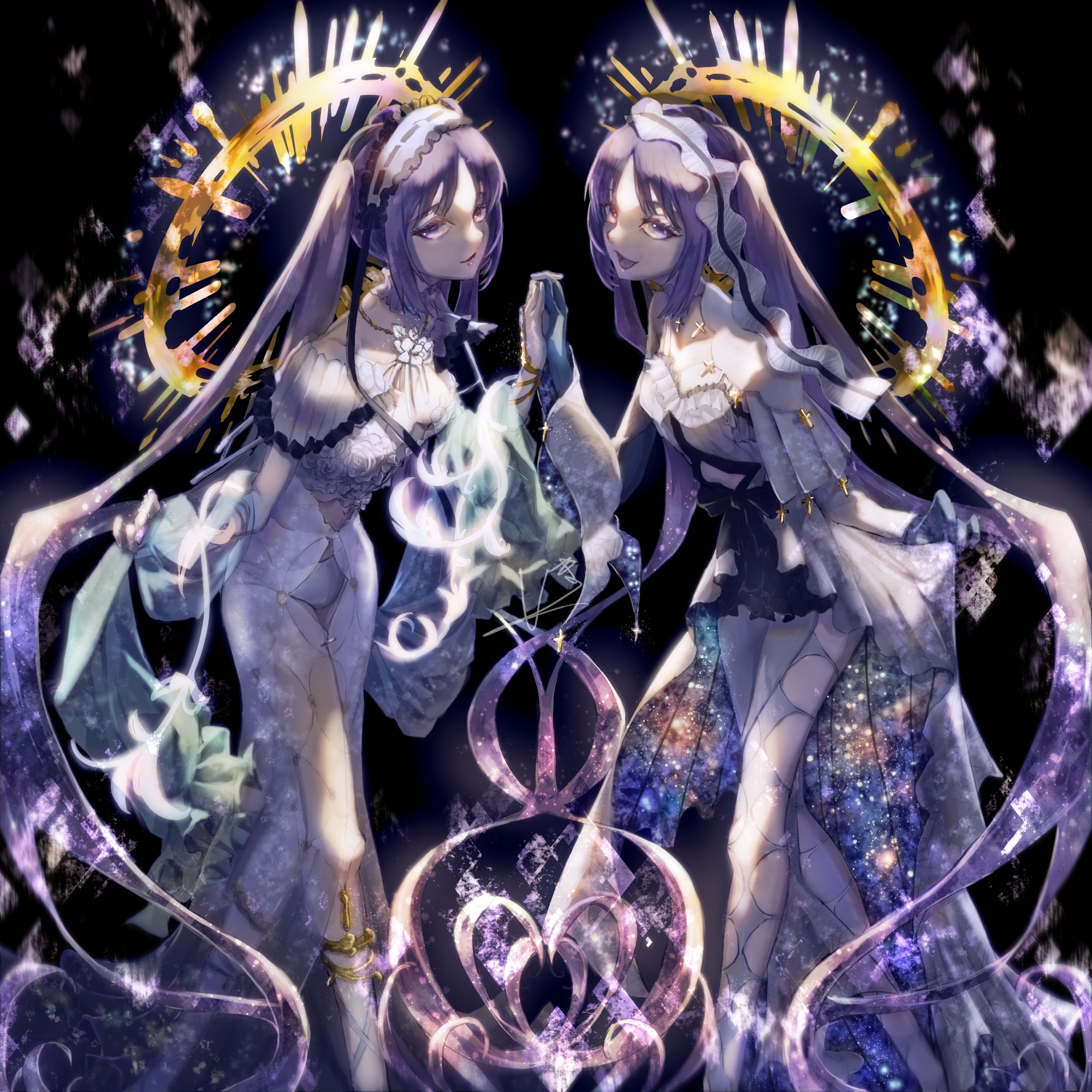 Anime 2000x2000 Fate series Fate/Hollow Ataraxia Fate/Grand Order anime anime girls Euryale (Fate/Grand Order) Stheno (Fate/Grand Order) twintails long hair purple hair twins artwork digital art fan art