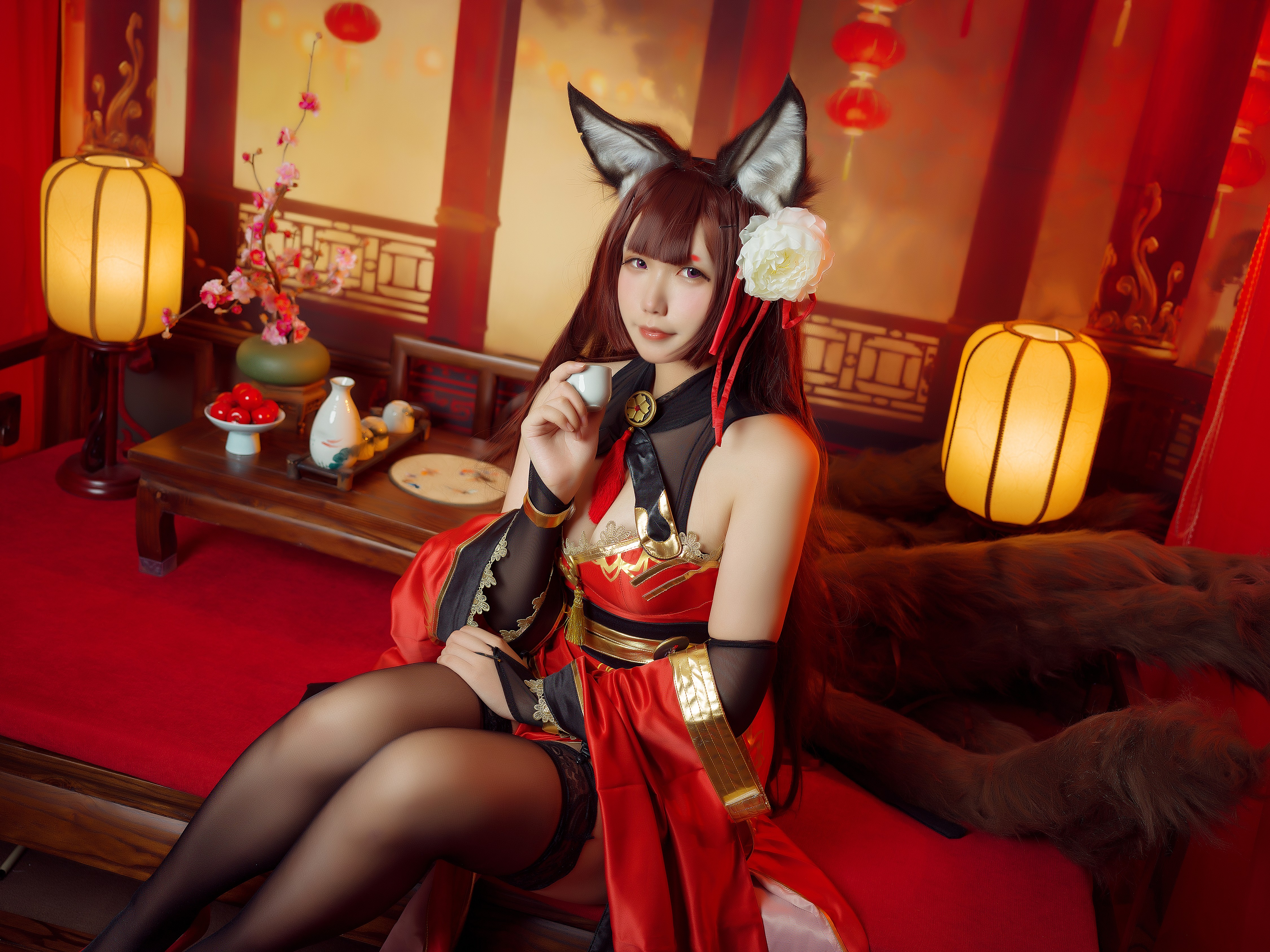 People 4500x3373 Ma Hua Jiang women model Asian cosplay Amagi (Azur Lane) Azur Lane video games fox girl fantasy girl animal ears stockings black stockings women indoors sitting bare shoulders cleavage