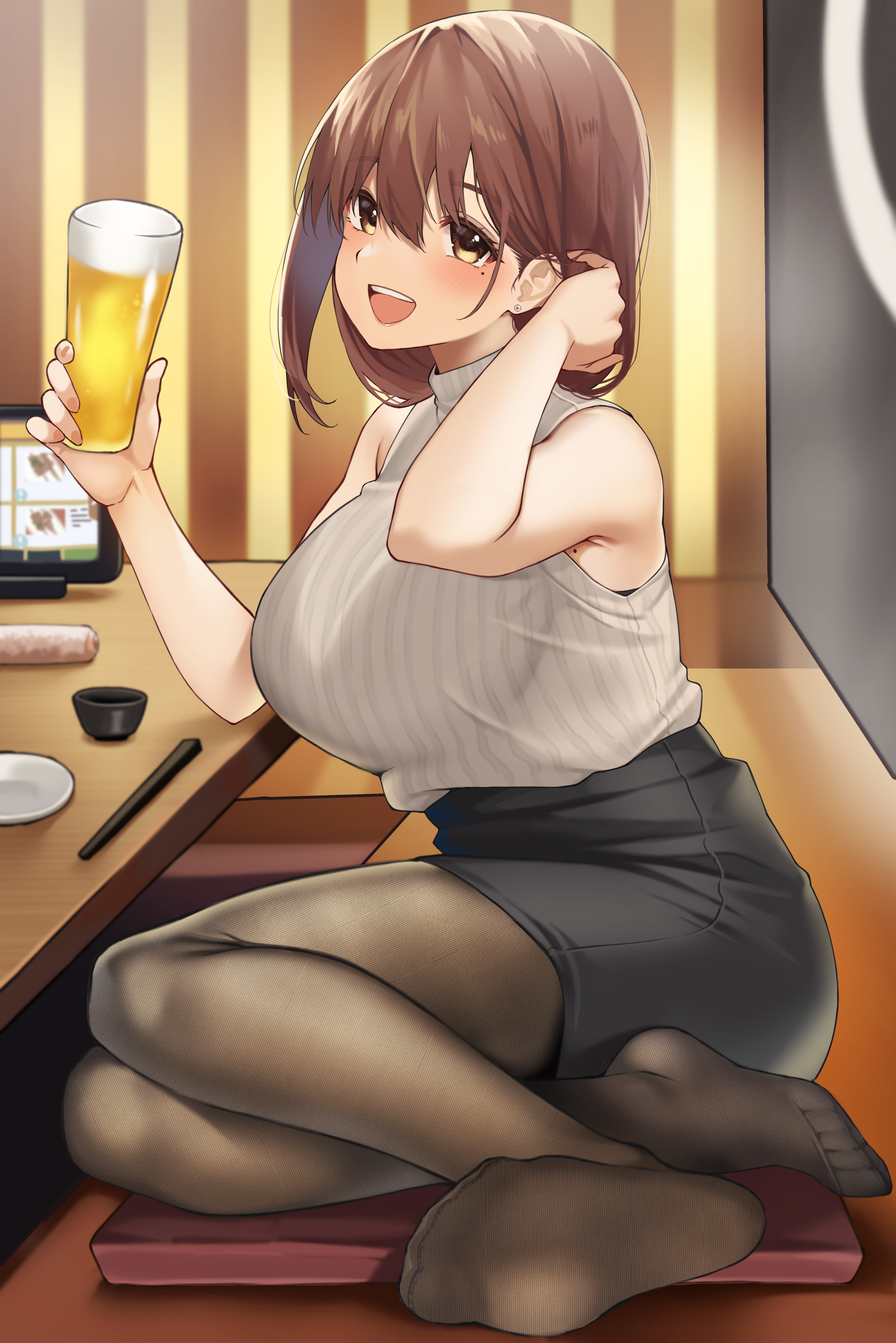 Anime 3929x5888 anime anime girls original characters solo artwork digital art fan art huge breasts beer brunette looking at viewer smiling white blouse black skirts pantyhose
