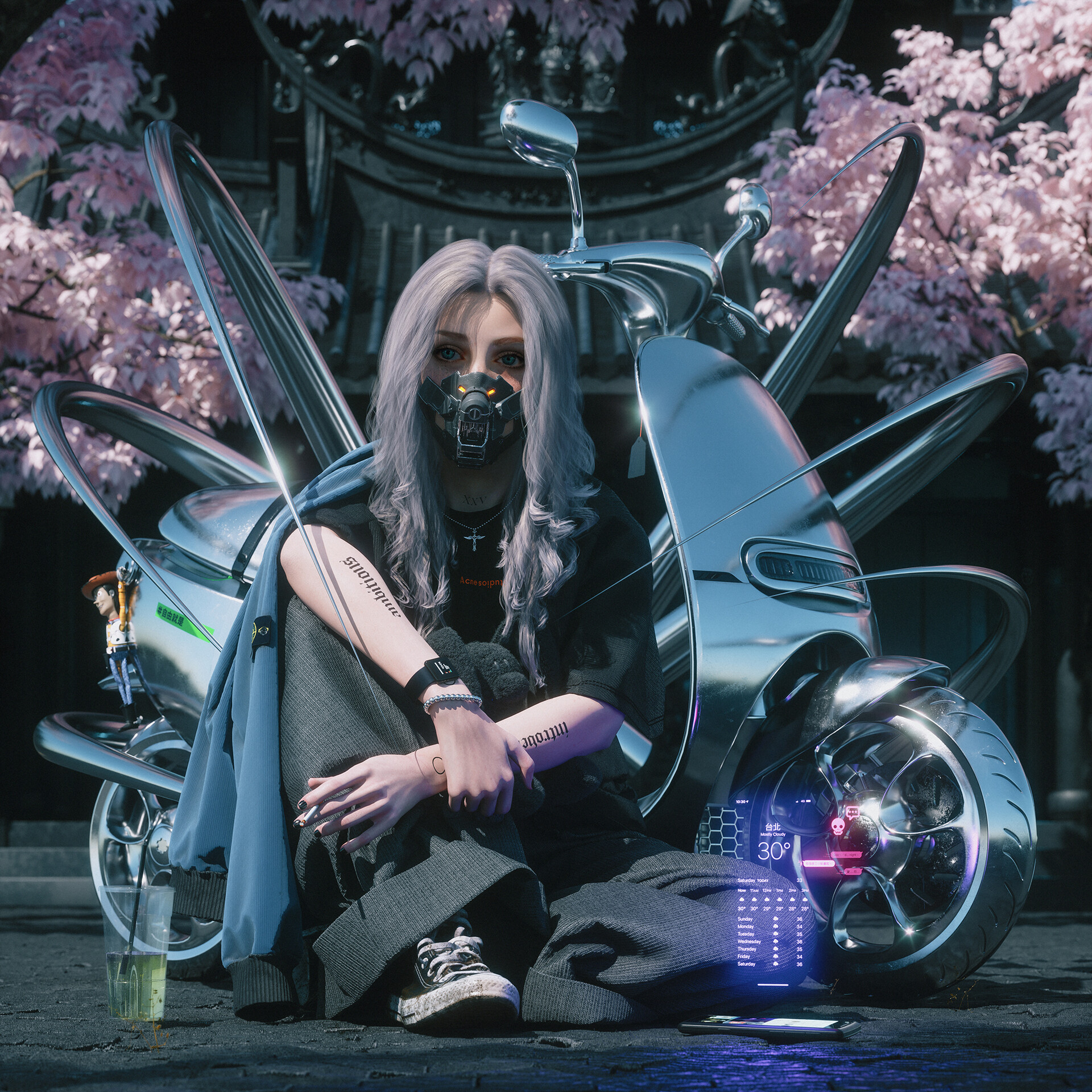 General 1920x1920 women artwork digital art futuristic science fiction women mask vehicle motorcycle women with motorcycles gray hair long hair sitting cigarettes inked girls looking at viewer CGI