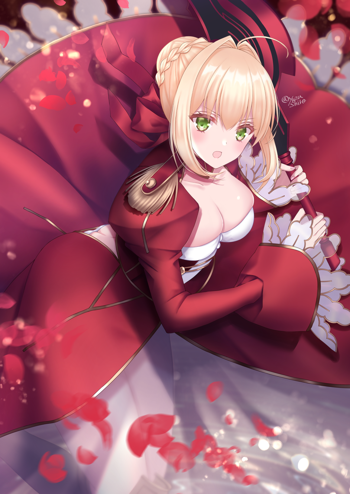 Anime 1158x1637 anime anime girls Fate series Fate/Extra Fate/Extra CCC Fate/Grand Order Nero Claudius long hair blonde solo artwork digital art fan art petals green eyes cleavage