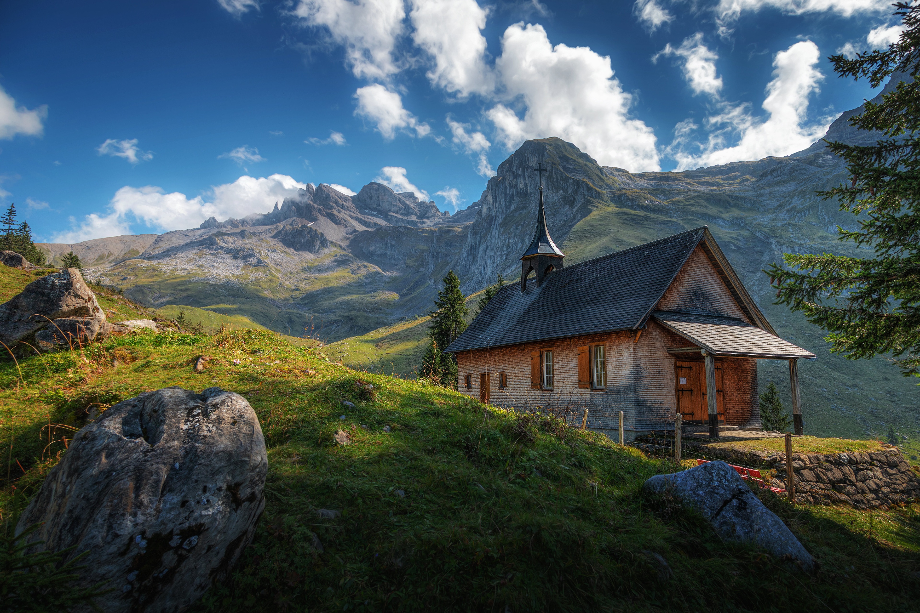 General 3840x2560 landscape nature Switzerland mountains sky clouds house grass shadow