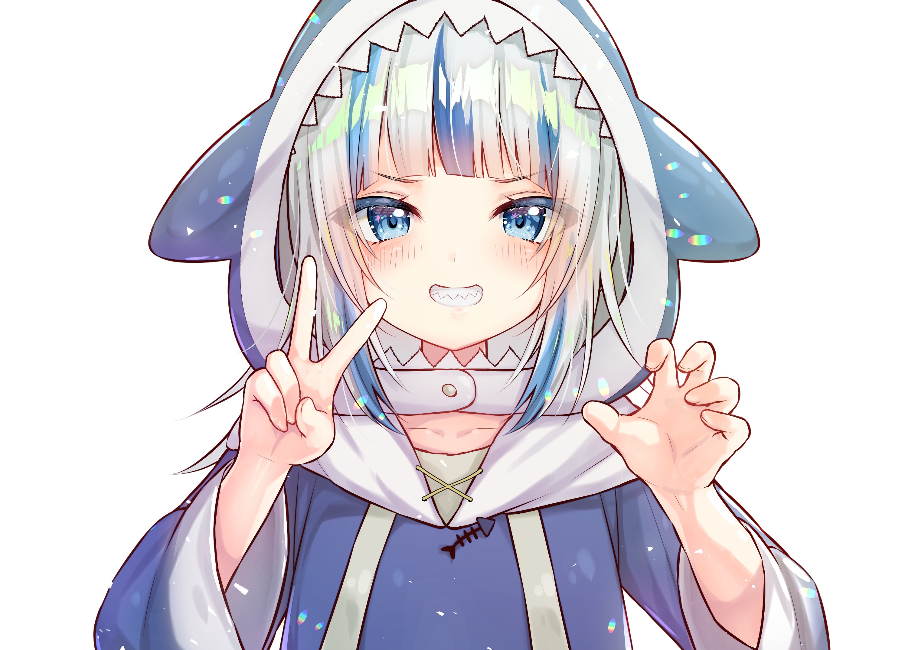 Anime 3035x2150 Gawr Gura Hololive shark multi-colored hair blue hoodie peace sign blue eyes anime girls