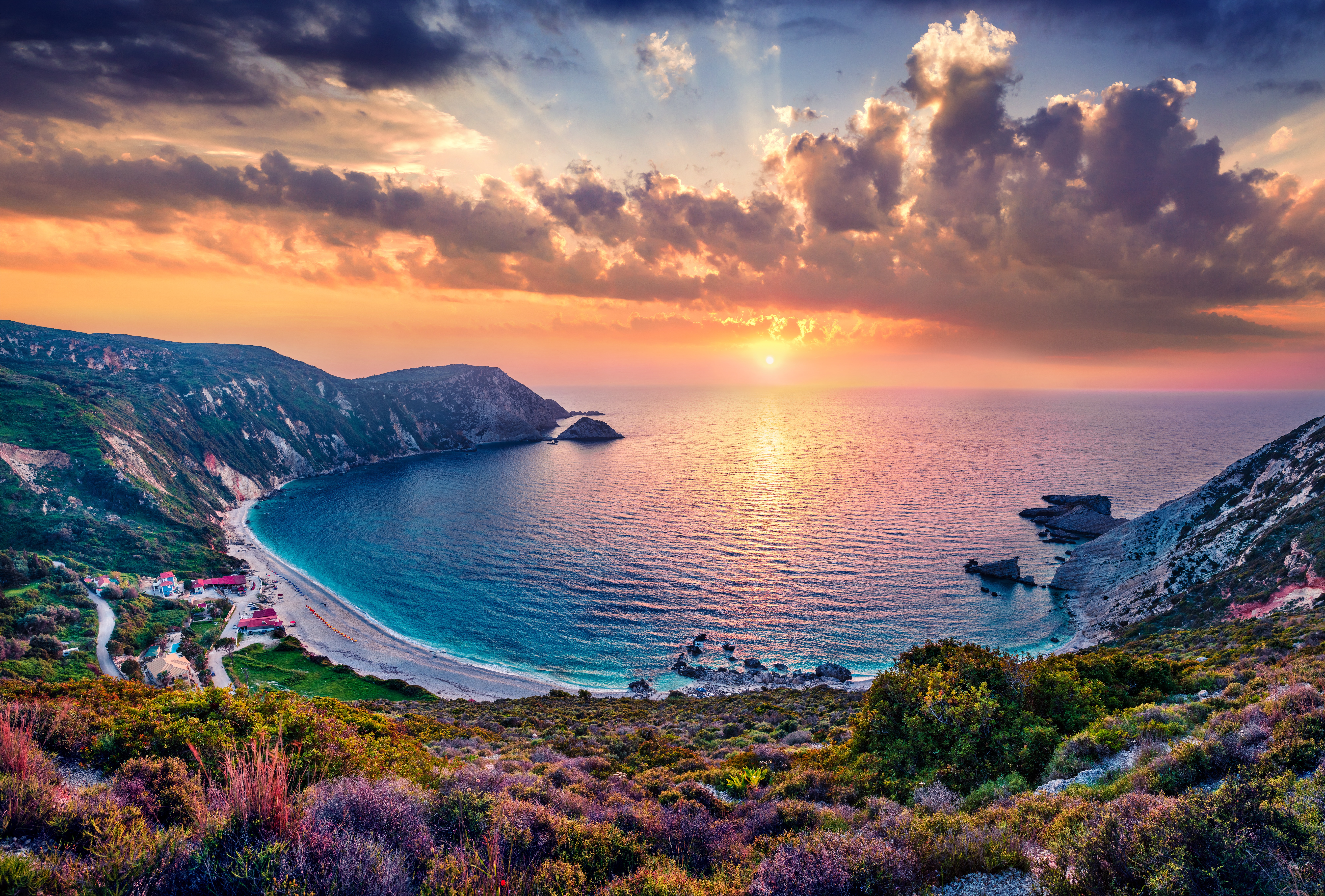 General 8000x5409 landscape beach sea sky sunset colorful island coast nature water Greece summer Sun clouds mountains