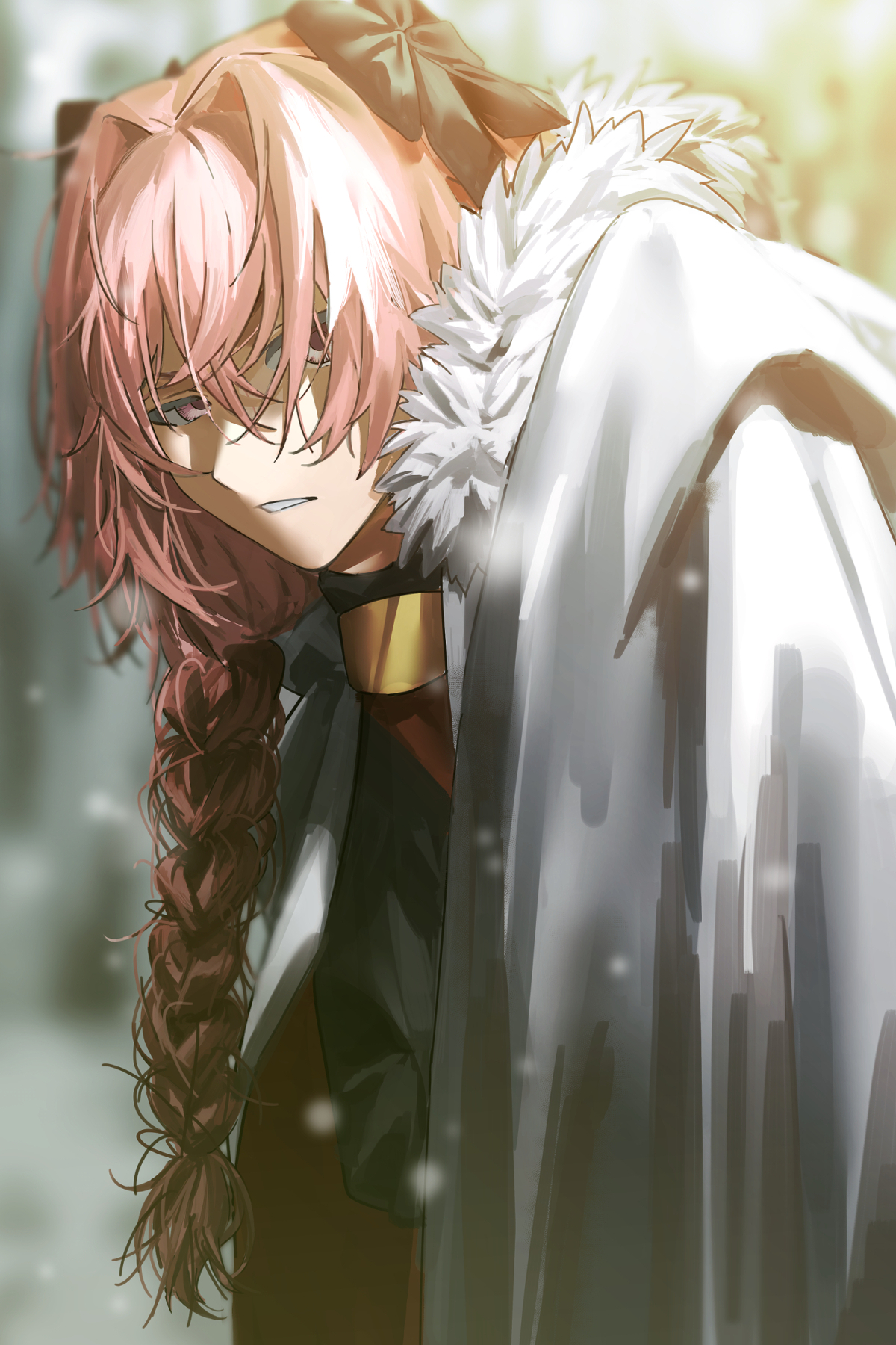 Anime 1200x1800 Fate series Fate/Grand Order Fate/Apocrypha  bangs anime boys fur trim pink eyes cape standing hair in face looking at viewer black ribbons long hair french braids knight portrait display parted lips Astolfo (Fate/Apocrypha) two tone hair solo femboy anime 2D pink hair white hair fan art depth of field head tilt artwork Pixiv