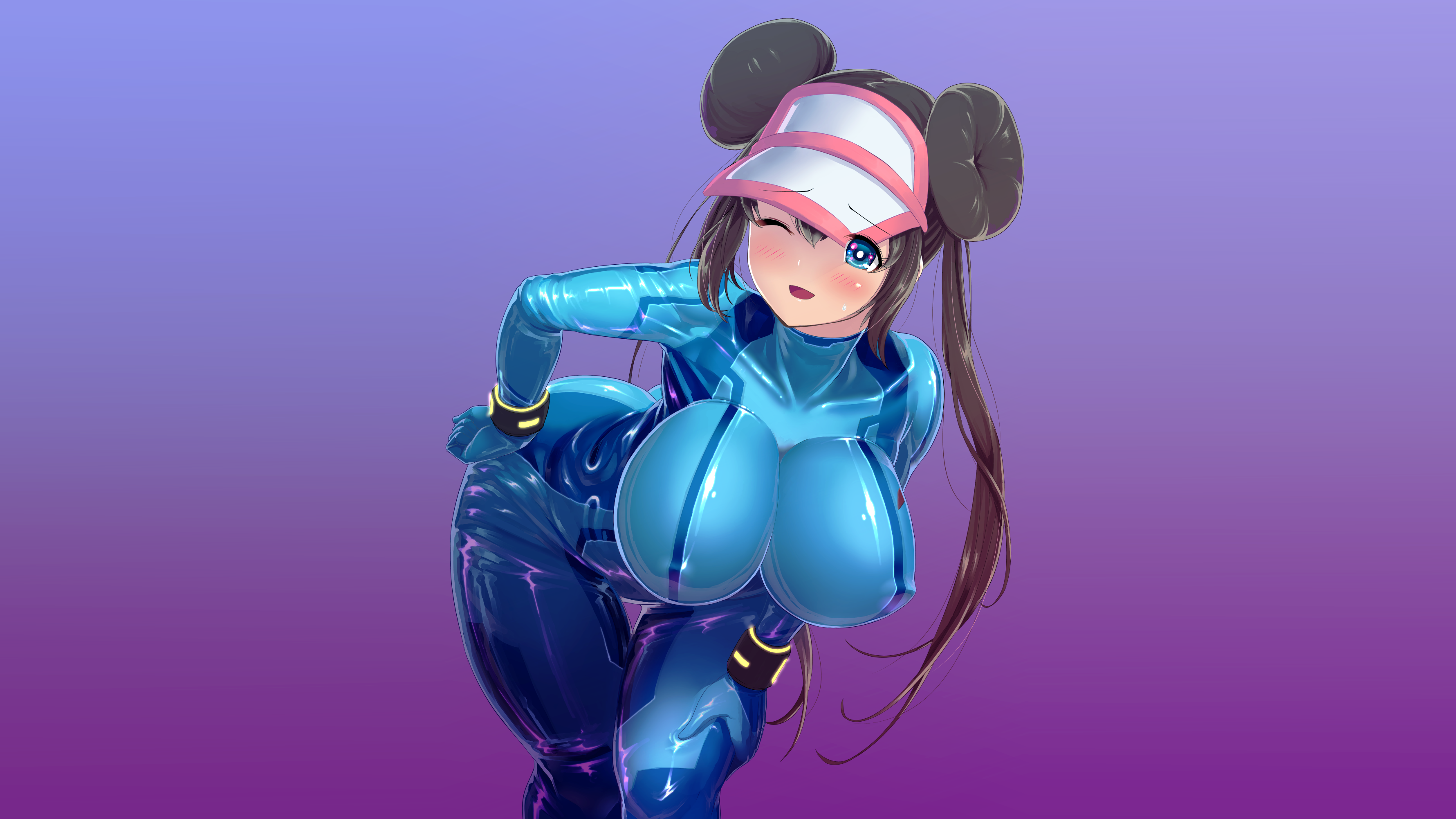 Anime 3561x2002 Rosa (Pokémon) zero suit anime anime girls simple background tight clothing bodysuit bent over arched back big boobs huge breasts curvy looking at viewer nipple bulge brunette Pokémon