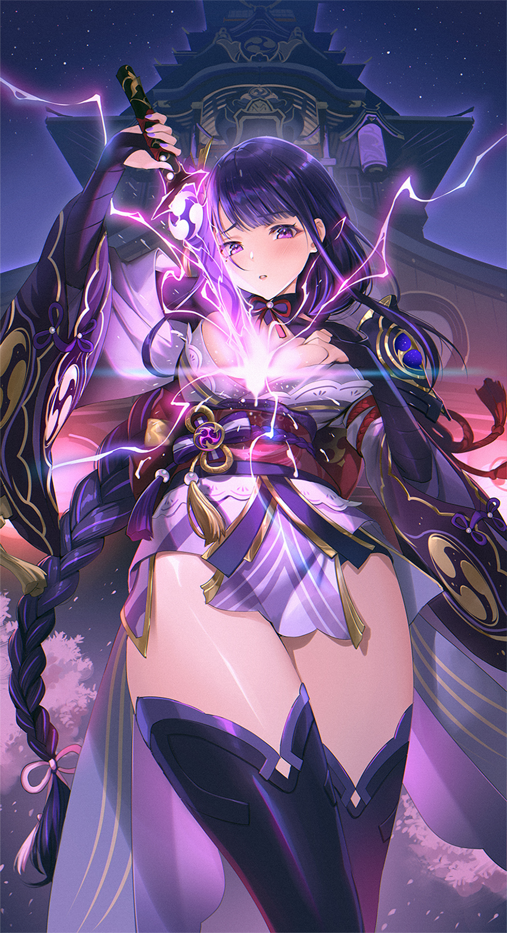 Anime 1000x1839 anime anime girls Mechamania artwork Genshin Impact Raiden Shogun (Genshin Impact) sword long hair braids dark hair purple eyes Japanese clothes thigh-highs