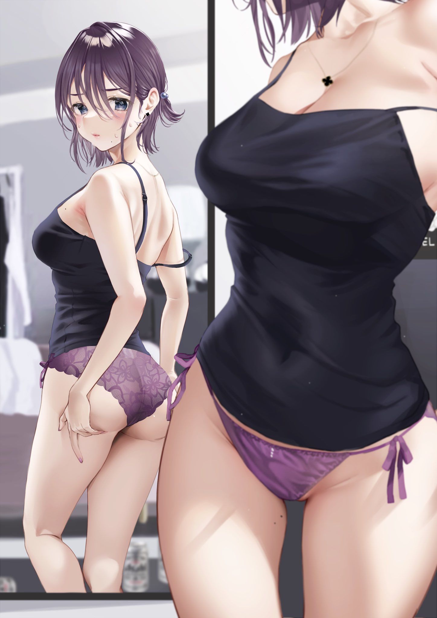 Anime 1448x2048 anime girls anime ass thighs curvy booty scoop panties camisole short hair reflection mirror artwork Poko (artist)