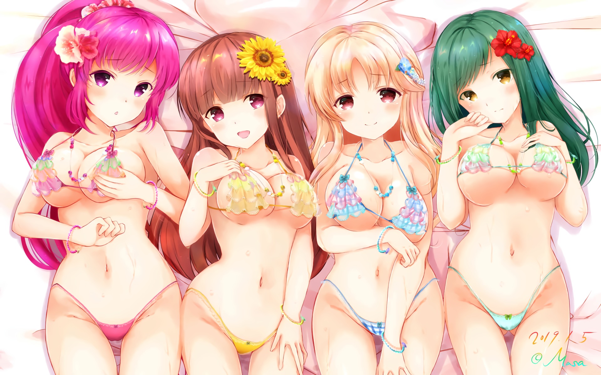 Anime 1920x1200 anime anime girls Masa artwork bikini micro bikini big boobs pink hair brunette blonde green hair