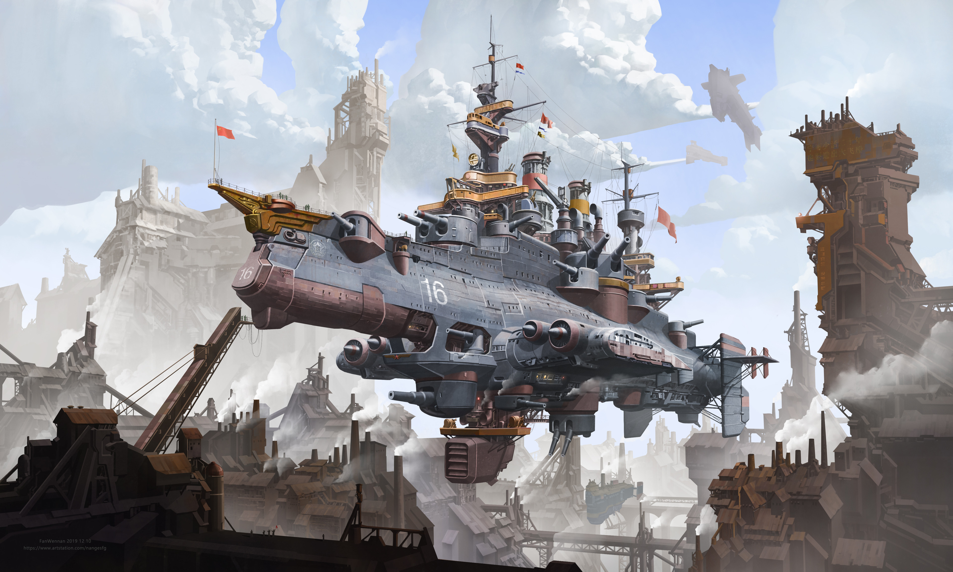 General 3840x2307 illustration science fiction airships steampunk digital art Fan Wennan clouds