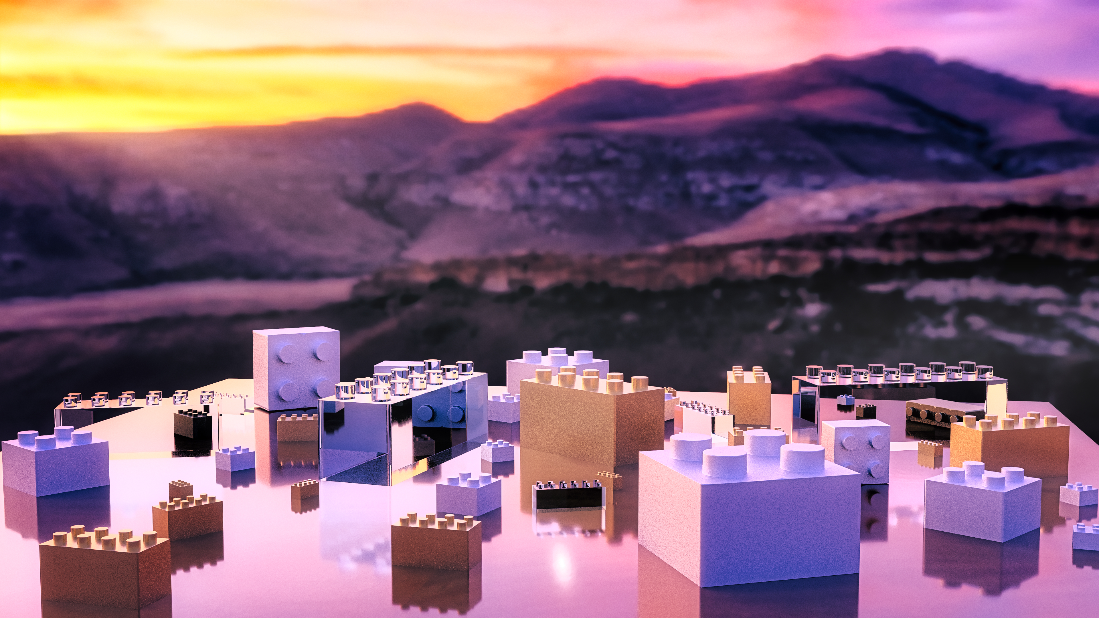 General 3840x2160 LEGO sunset digital art CGI 3dsmax hills mountains cube