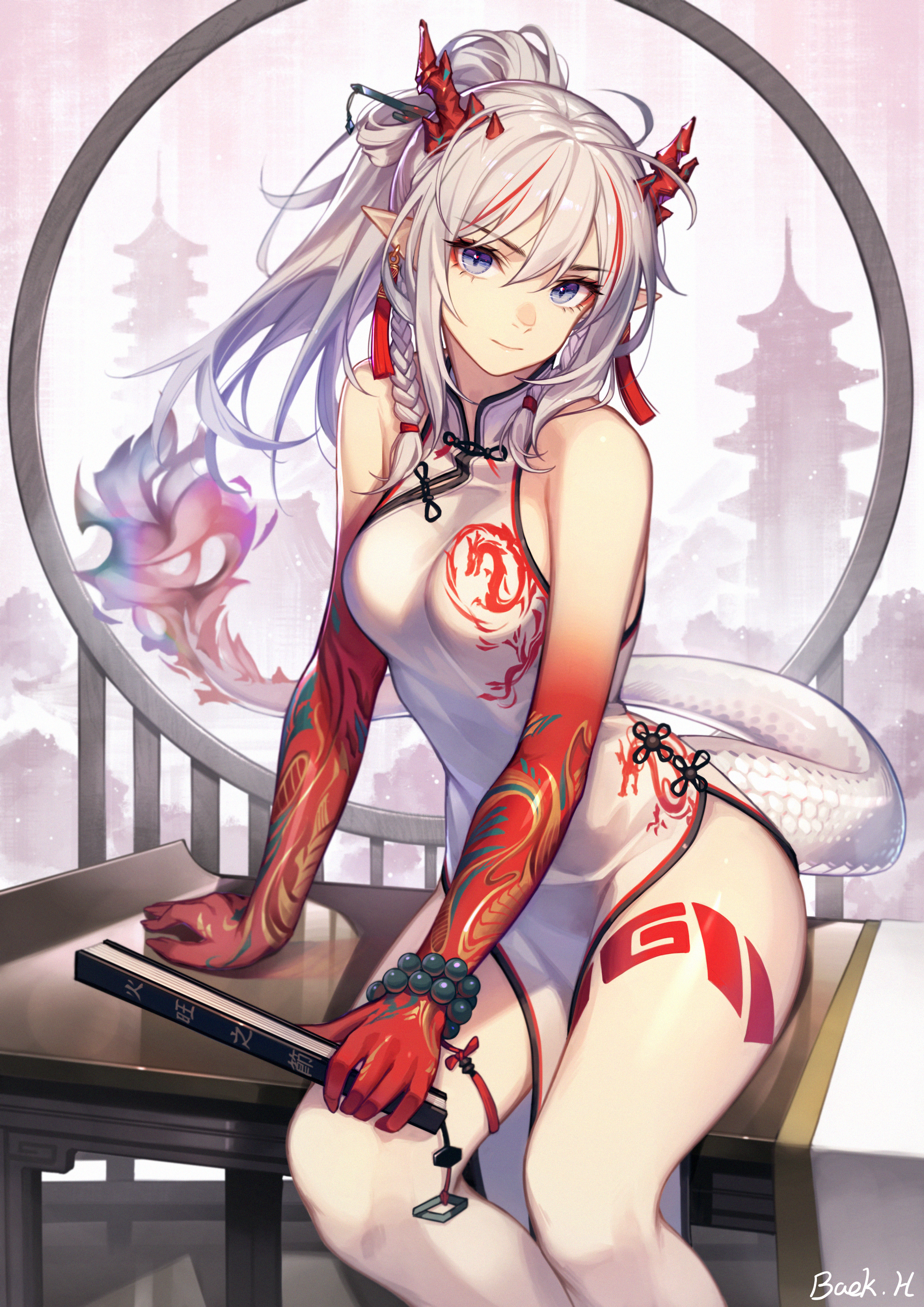 Anime 1984x2806 anime anime girls digital art artwork 2D portrait display vertical Chinese dragon loong cheongsam Chinese clothing Chinese dress dragon girl horns pointy ears tail ponytail silver hair blue eyes Nian(Arknights) Arknights Baek Hyang sitting