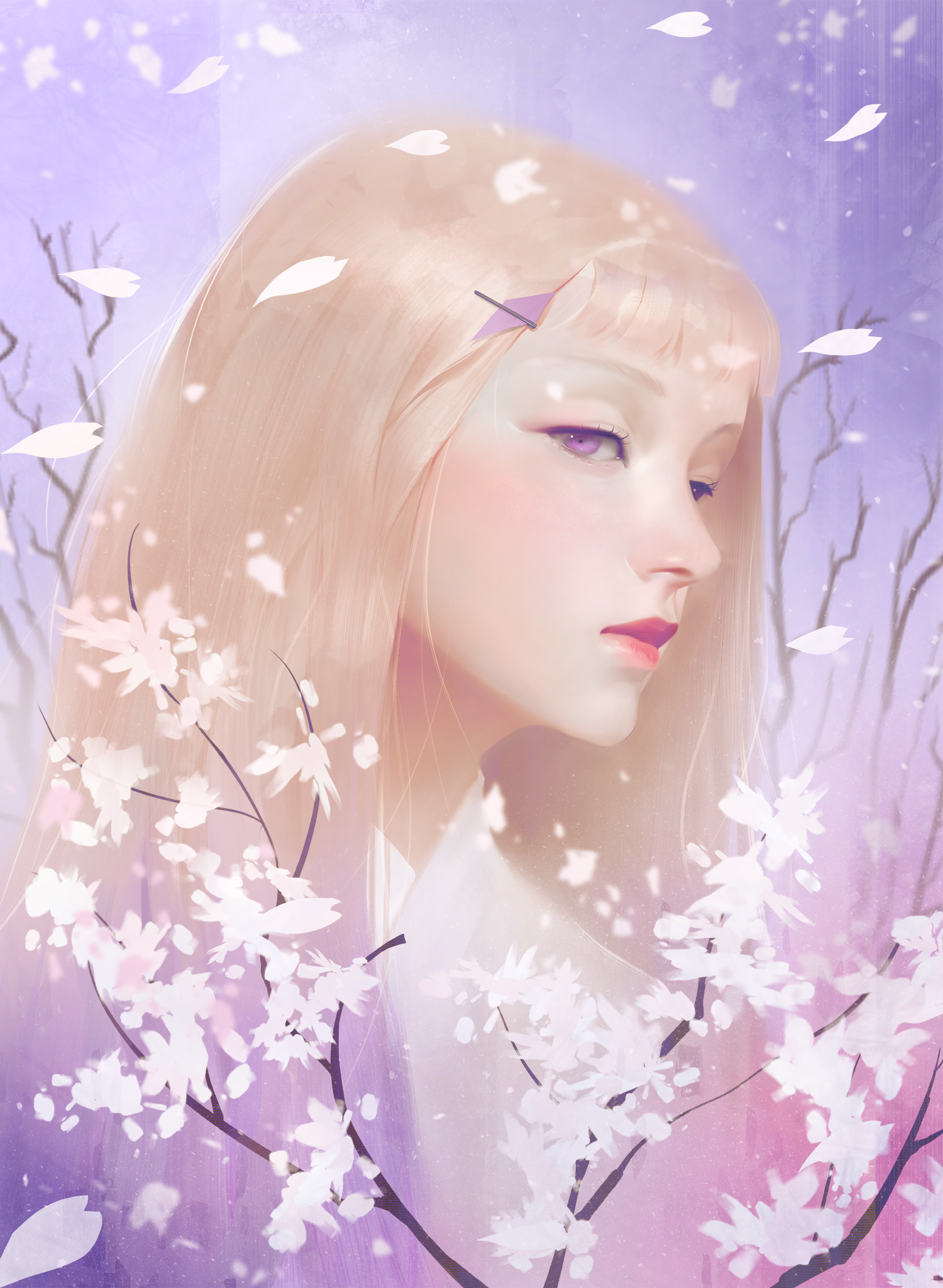General 1500x2048 digital art illustration Midfinger original characters cherry blossom blonde portrait display
