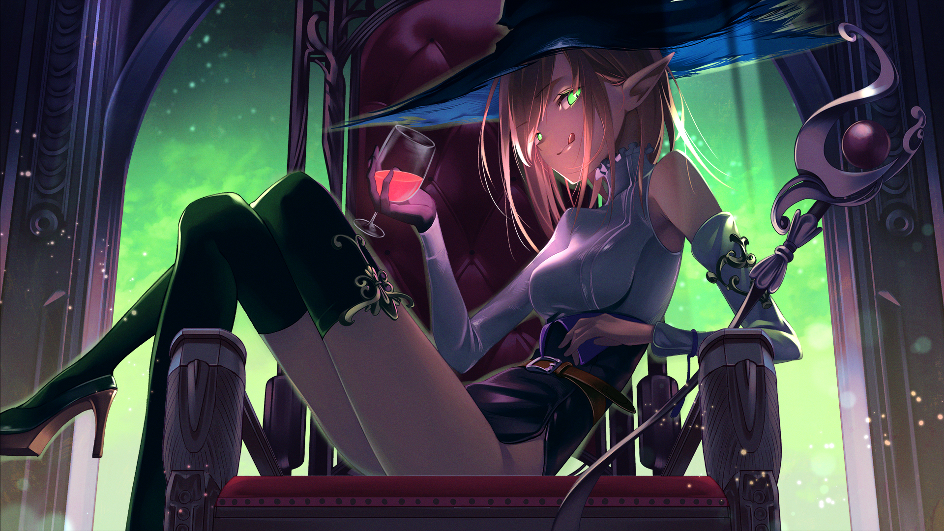 Anime 1920x1080 original characters witch witch hat thigh-highs staff pointy ears green eyes brunette high heels sitting drink tongue out looking at viewer throne anime anime girls