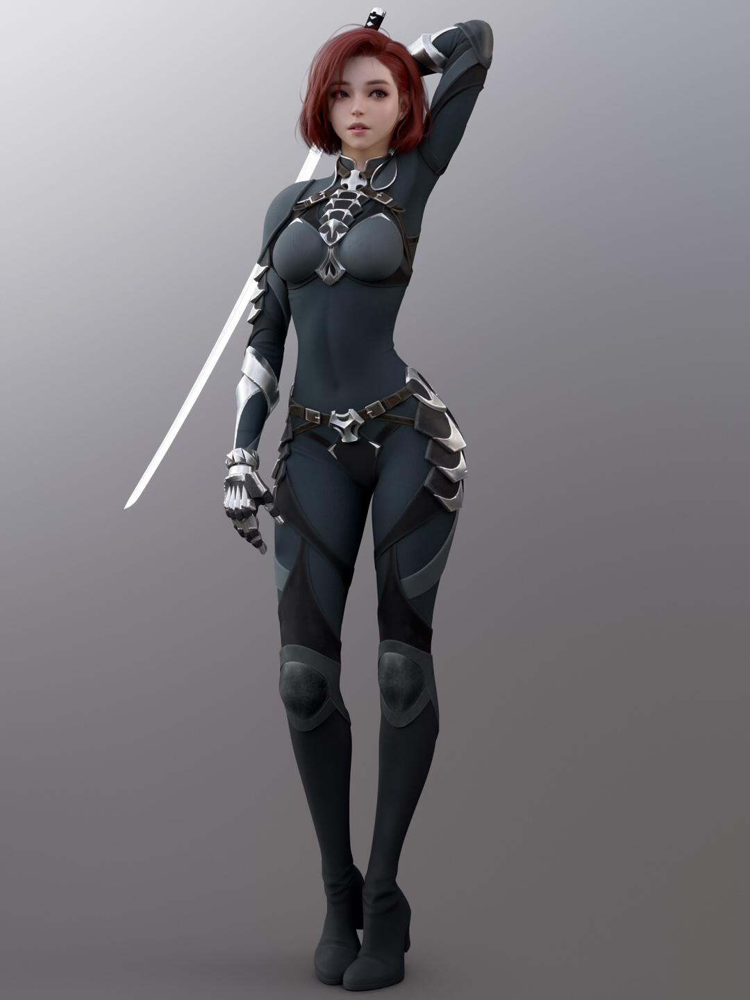 General 1080x1440 Shin JeongHo CGI women redhead short hair looking away suits weapon katana simple background gray background women with swords standing