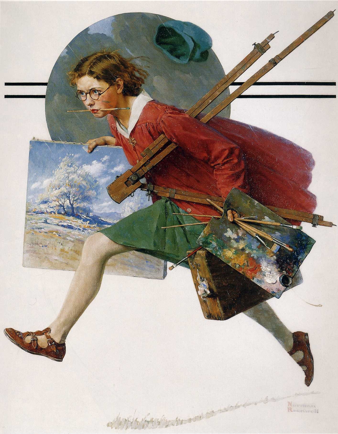 General 1414x1812 Norman Rockwell oil painting traditional art artwork illustration easel pallets schoolgirl running