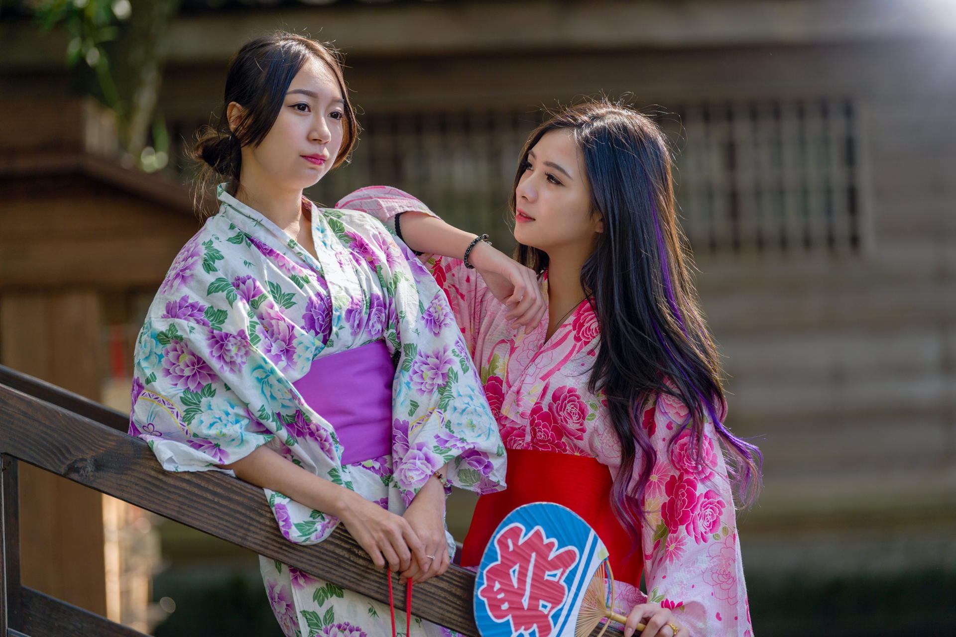 People 1920x1280 Asian women model long hair dark hair depth of field kimono hair knot hair ornament bracelets railing stairs leaning plants house hand fan two women