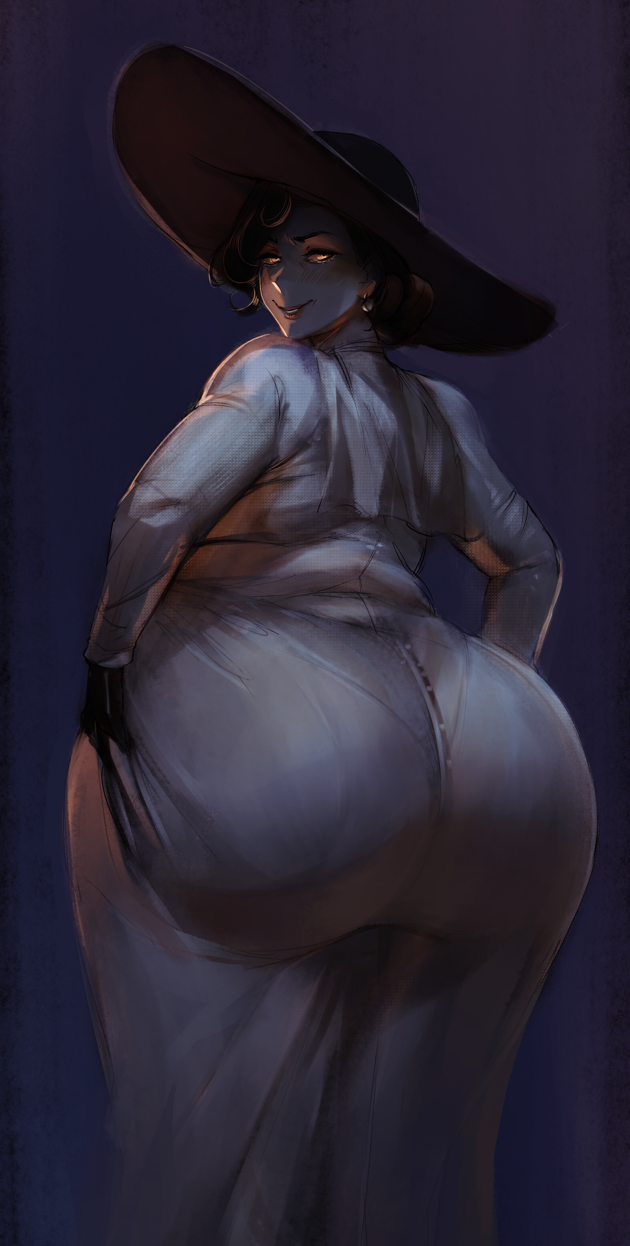 General 2016x3988 Lady Dimitrescu Resident Evil 8: Village Resident Evil horror fan art thick ass ass glowing eyes video game girls women with hats hat video game art Video Game Horror curvy