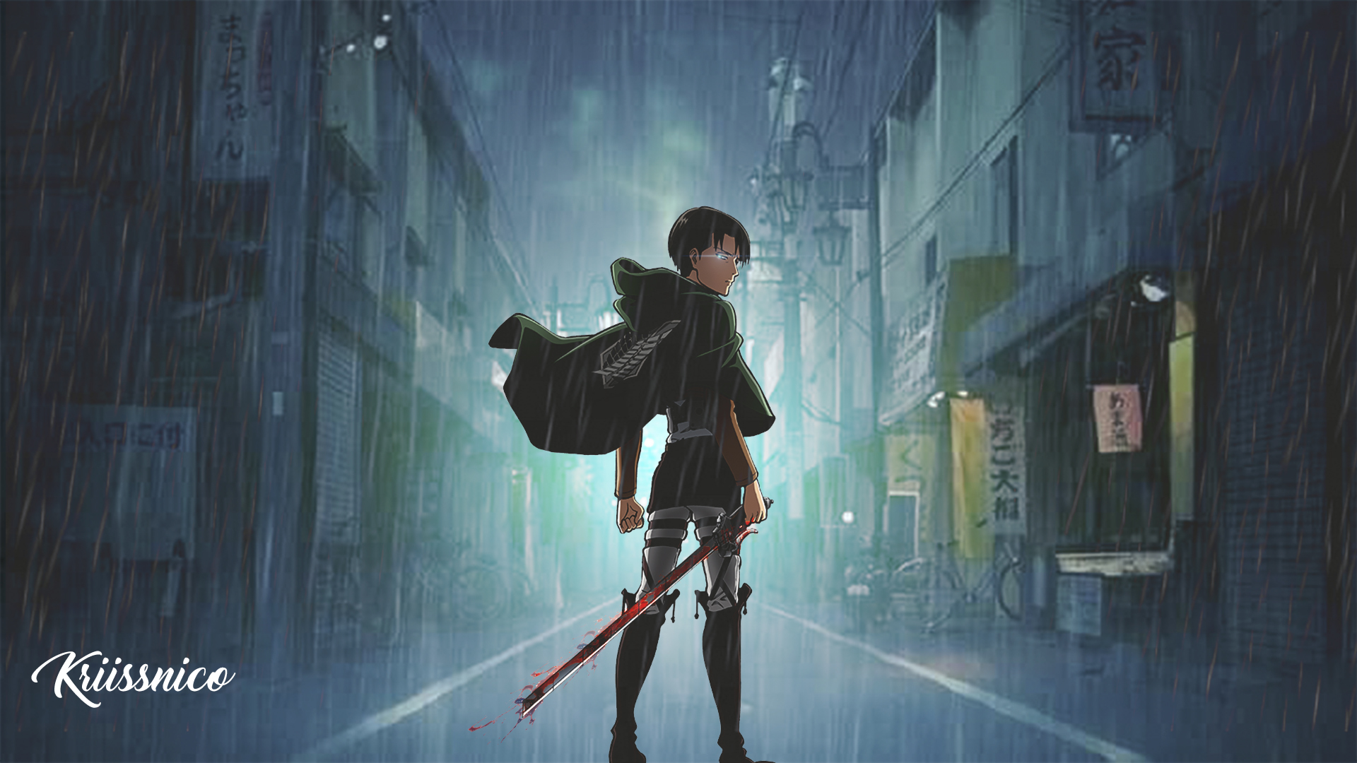 Anime 1920x1080 Shingeki no Kyojin anime boys anime rain city sword weapon blood Levi Ackerman