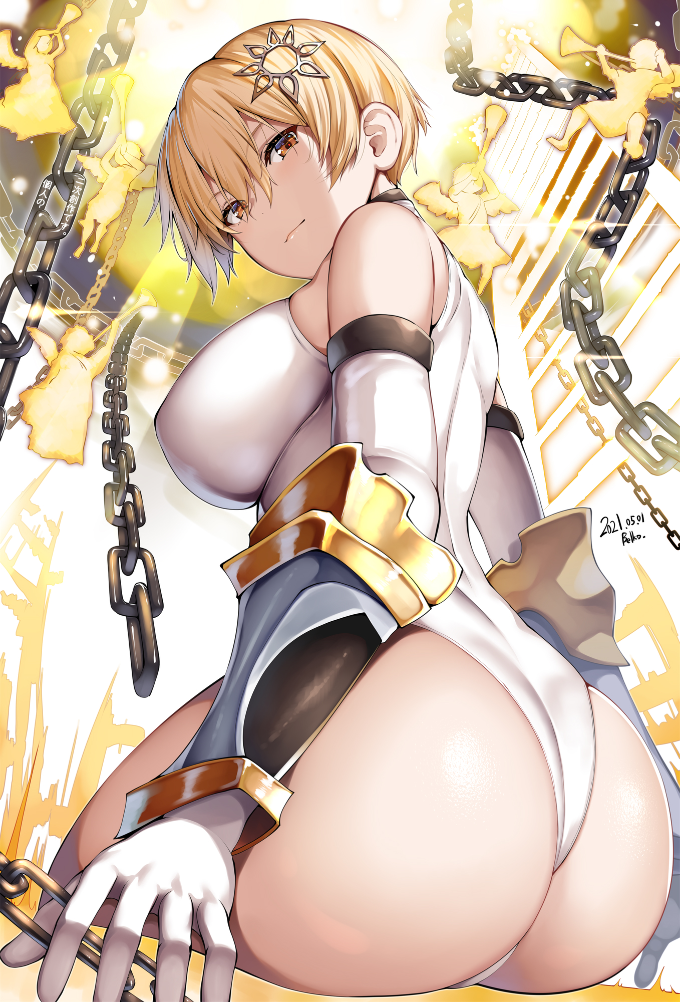 Anime 1358x2000 anime anime girls ass blonde short hair big boobs glutes leotard artwork Lolicept looking below low-angle looking back smiling
