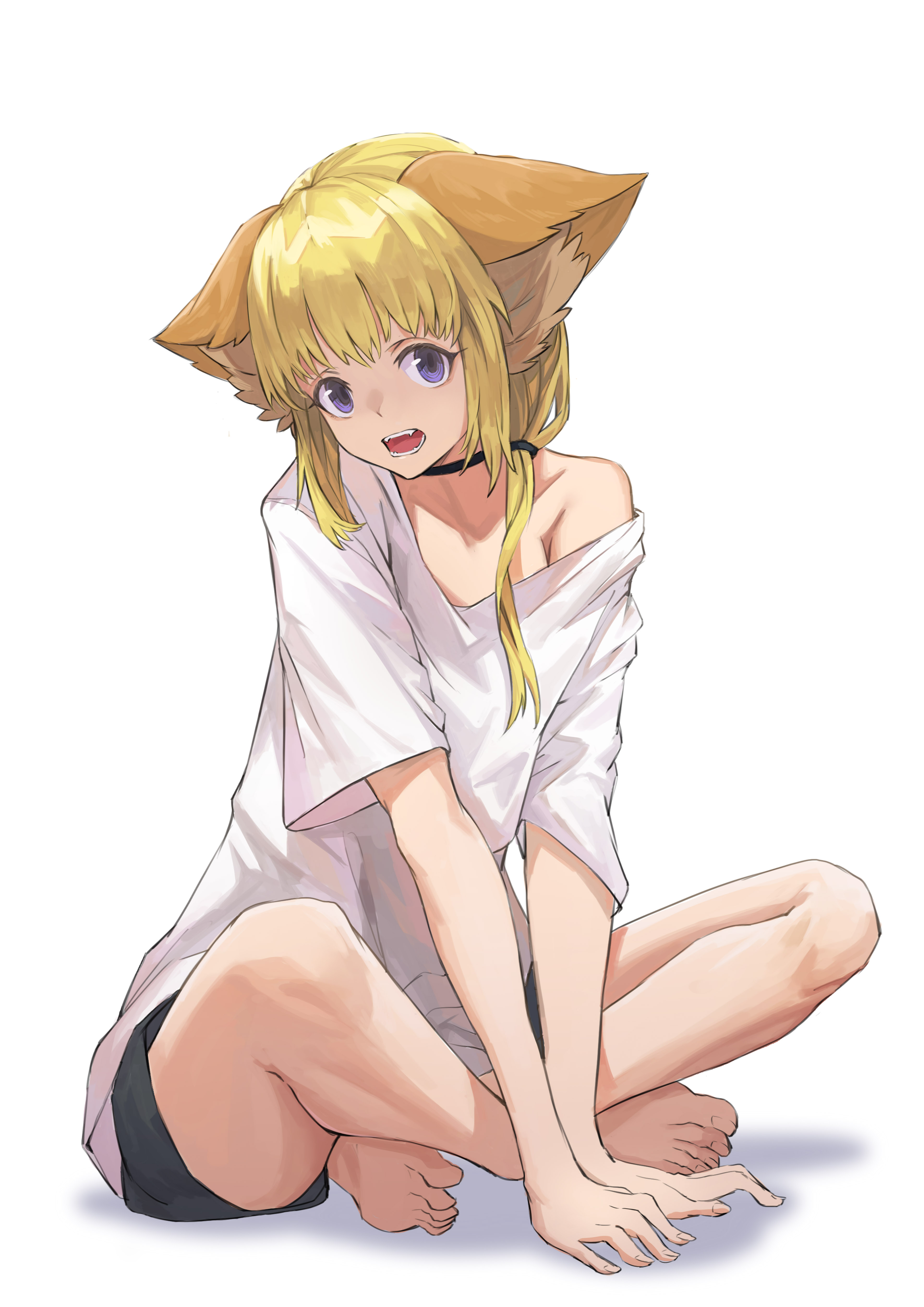 Anime 3543x5012 Kemono Jihen fox girl white t-shirt small boobs thighs barefoot blue eyes anime girls fangs looking at viewer choker Kon (Kemono Jihen) fan art anime Yorik