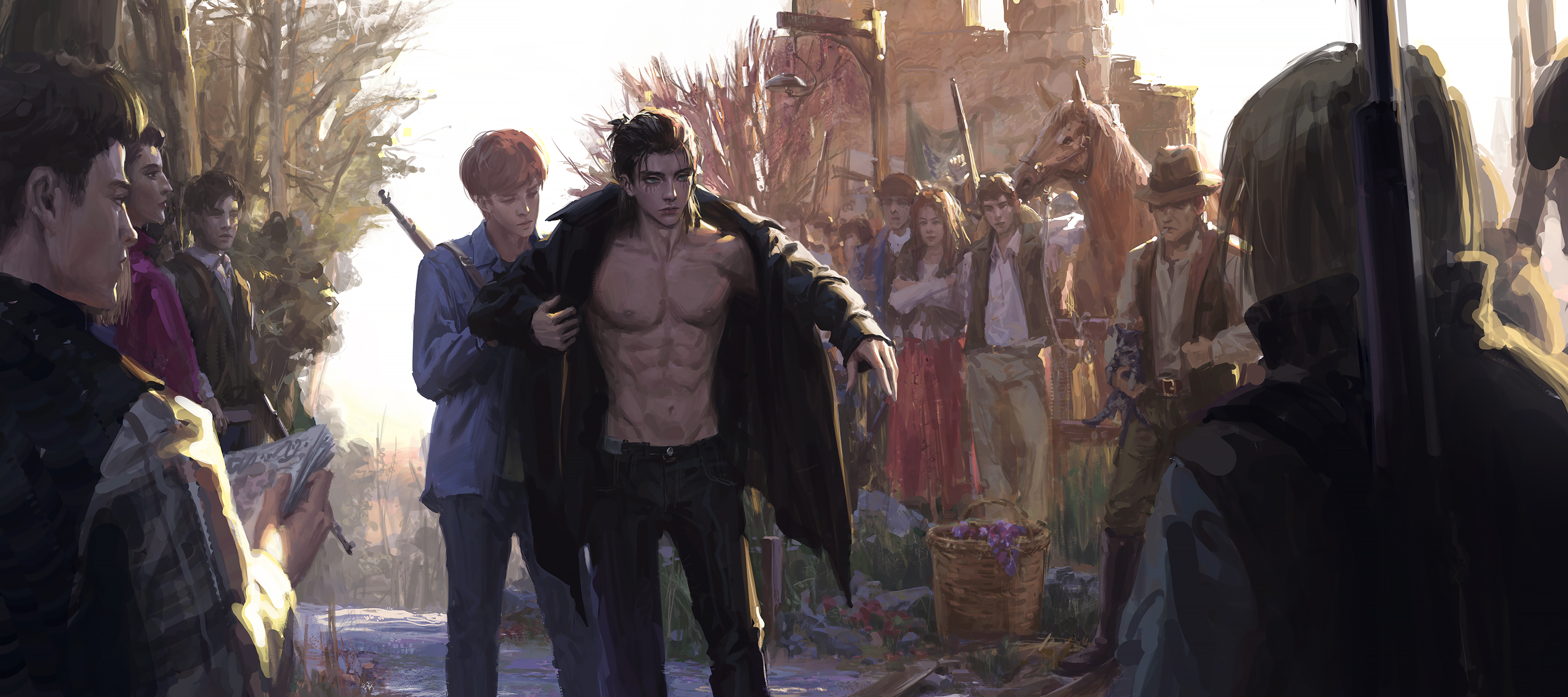 Anime 3000x1333 Shingeki no Kyojin 6-pack abs muscles anime boys black jackets black pants shirtless looking away rifles cats Eren Jeager Floch Forster 2D anime realistic fan art short hair long hair green eyes closed eyes