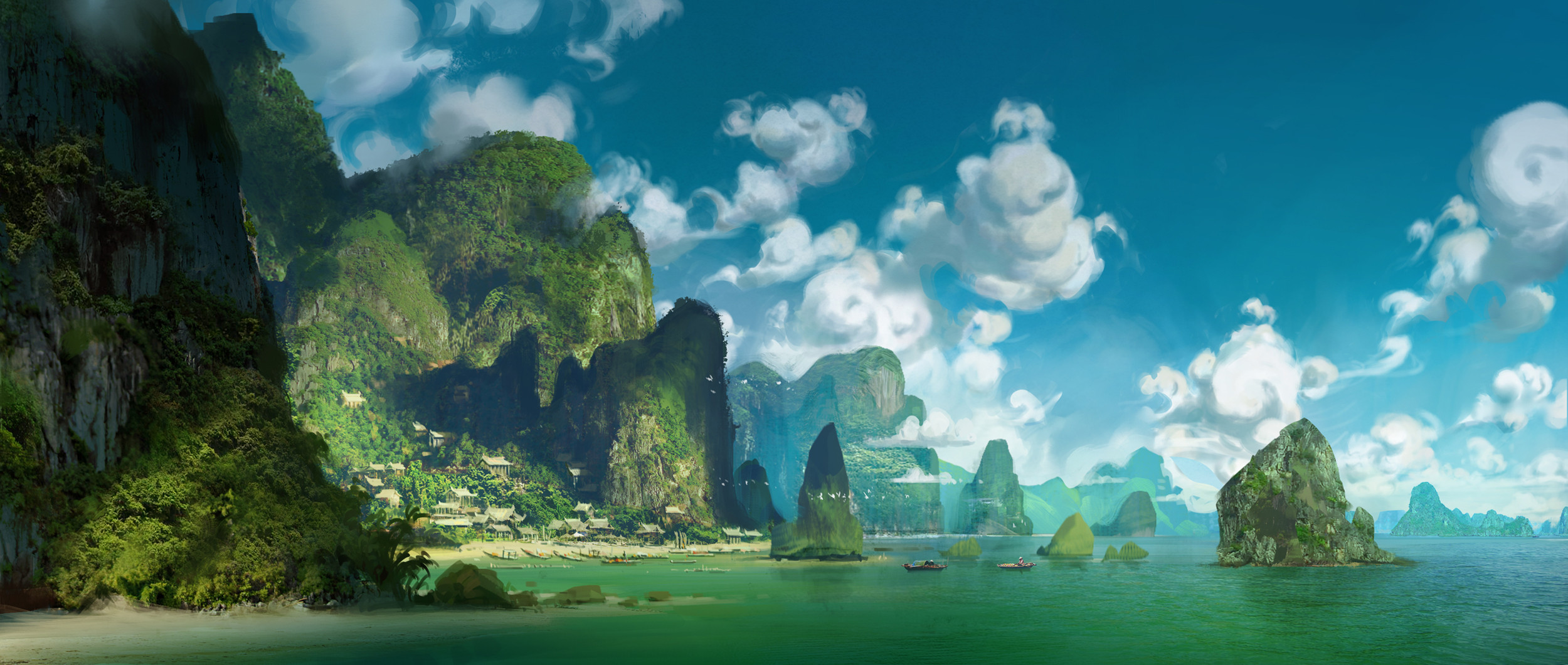 General 2500x1060 artwork digital art landscape island rocks ocean view sky clouds water