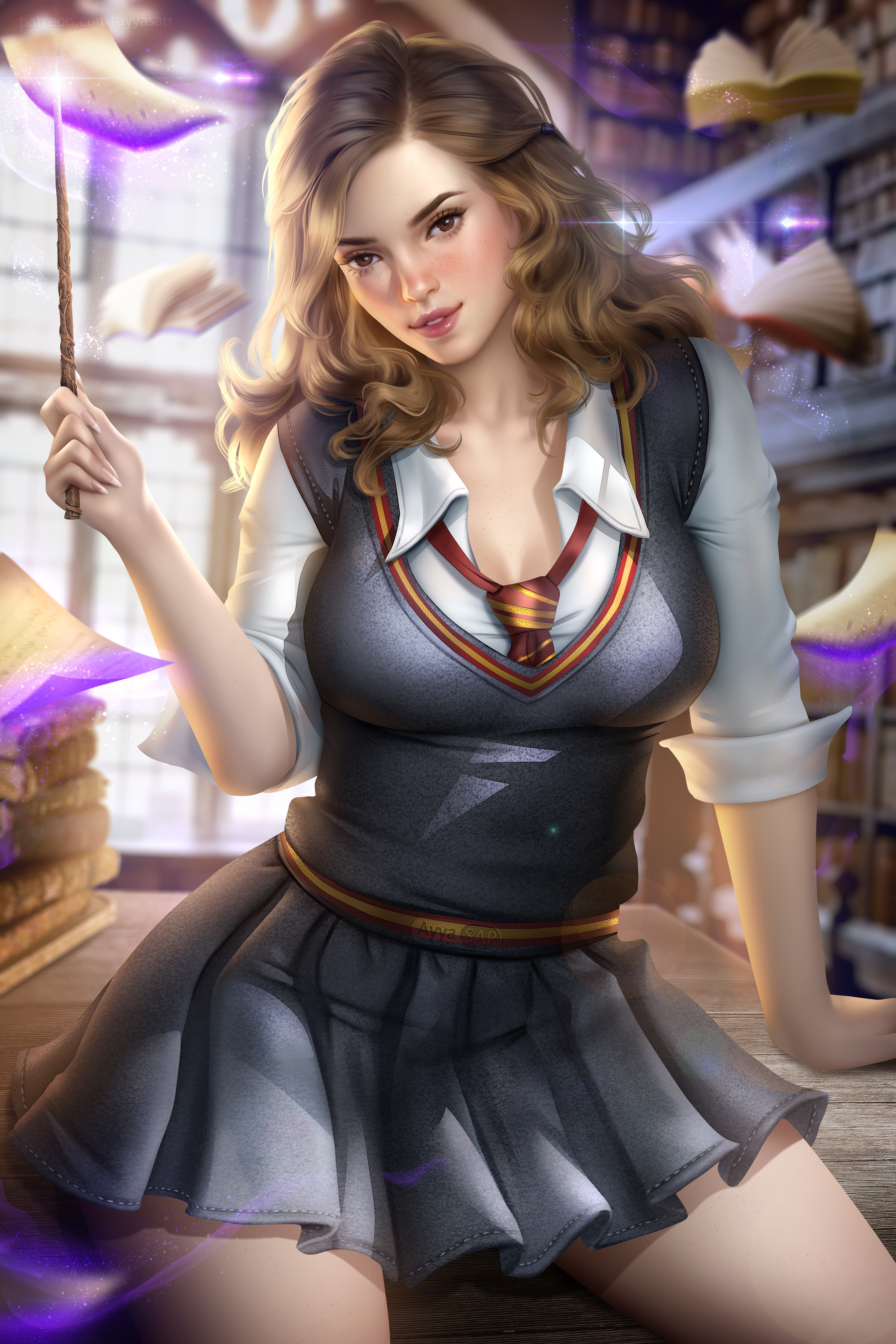 General 4800x7200 Hermione Granger Harry Potter fictional character women library books magic looking at viewer freckles parted lips wands school uniform Gryffindor cleavage sweater miniskirt sitting portrait display artwork drawing illustration fan art movies curvy Ayya Saparniyazova