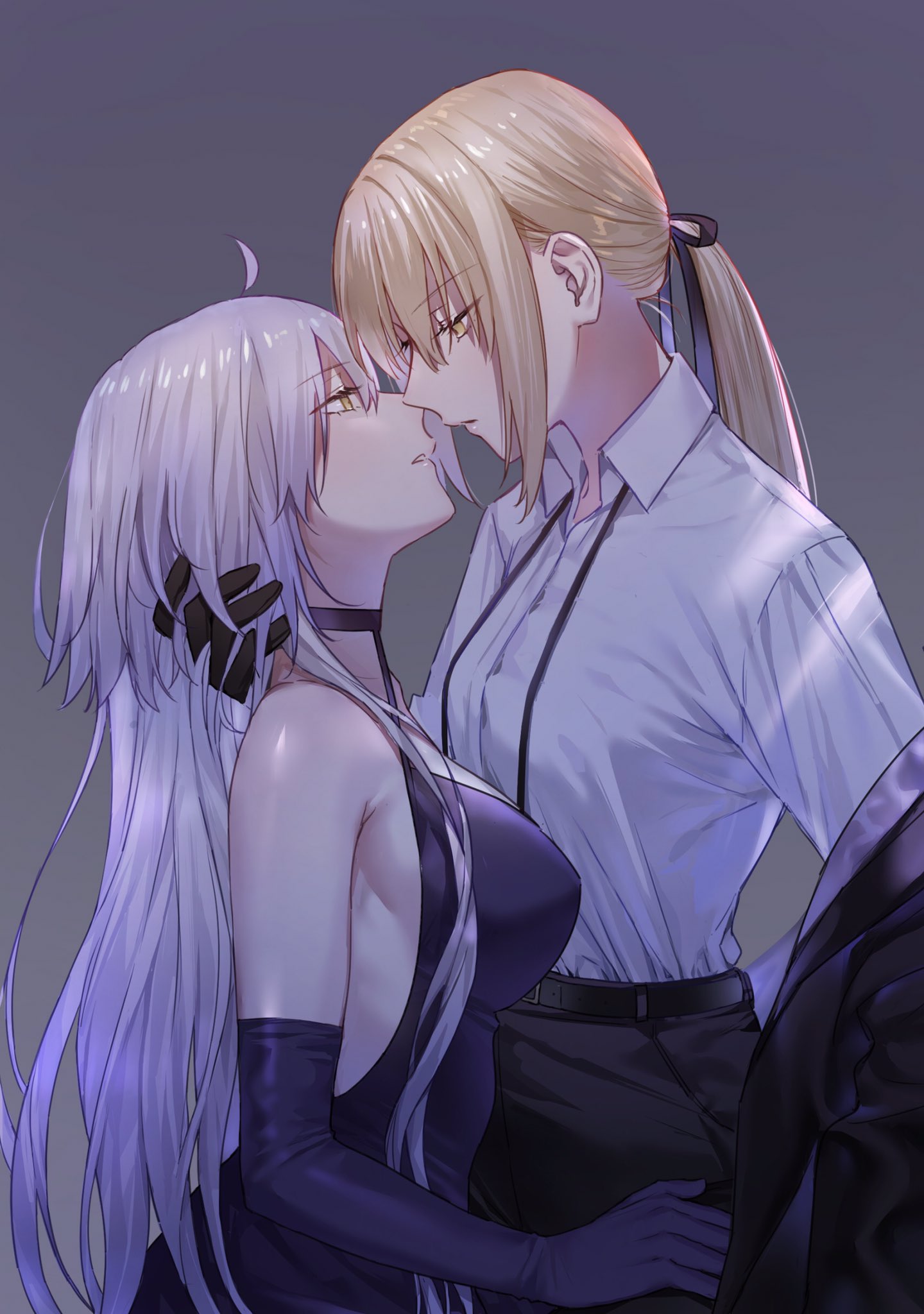 Anime 1440x2048 Fate/Grand Order Saber Alter Jeanne (Alter) (Fate/Grand Order) Jeanne d'Arc (Fate) Artoria Pendragon Fate series anime girls nipi27 yuri dress suits gloves silver hair blonde long hair ponytail yellow eyes kissing