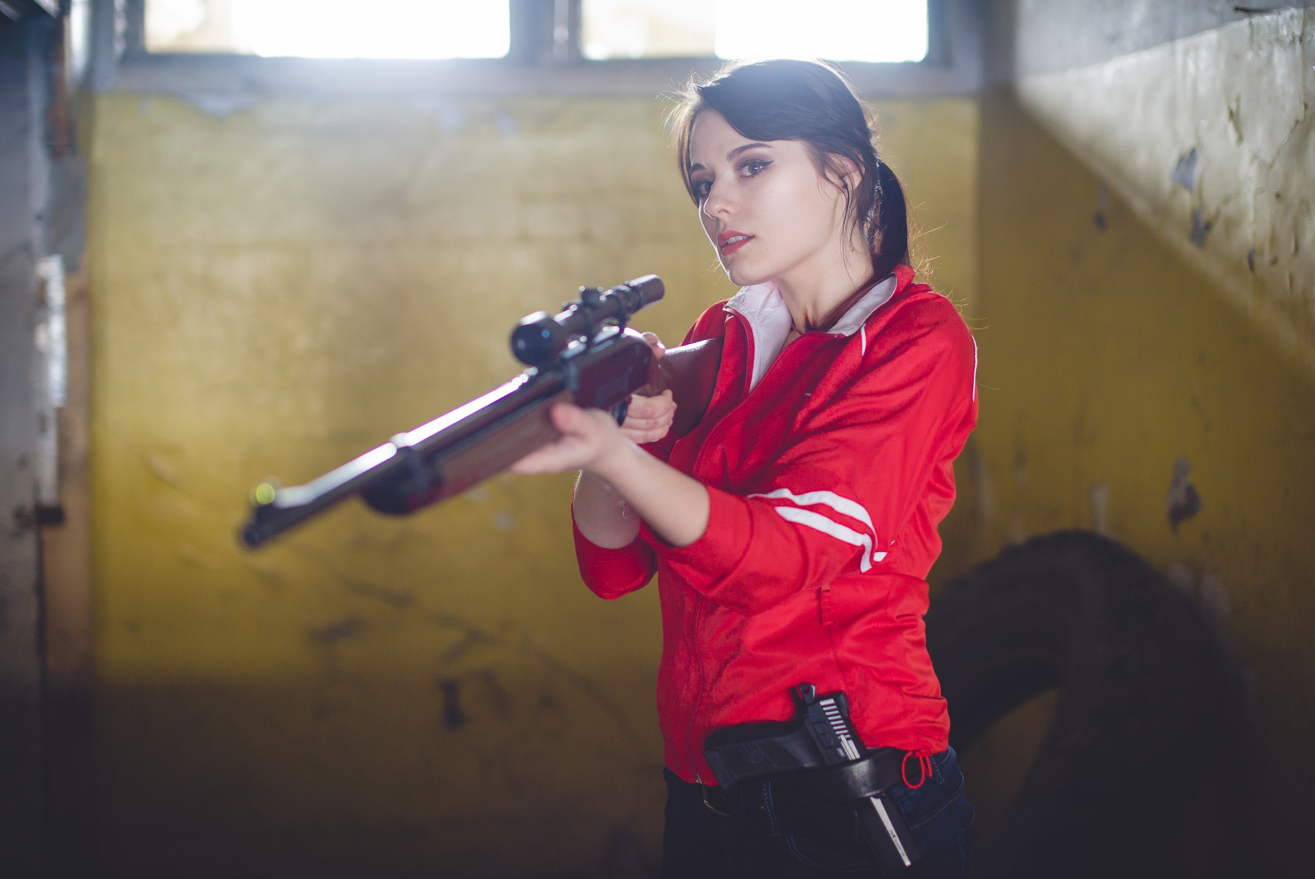 People 1916x1280 red jackets ponytail brunette open mouth sniper rifle jacket gun rifles looking into the distance women girls with guns pistol by the window