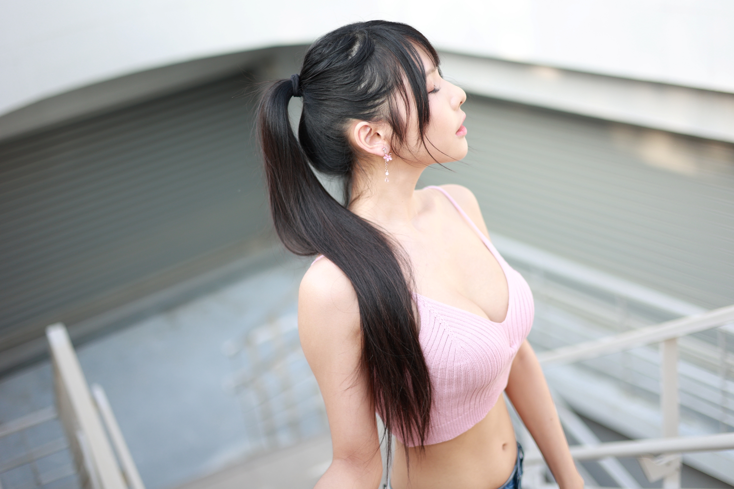 People 2560x1707 Vicky (Asian model) women model brunette Asian ponytail bangs closed eyes parted lips earring pink tops cleavage belly portrait outdoors women outdoors Chinese Chinese model belly button