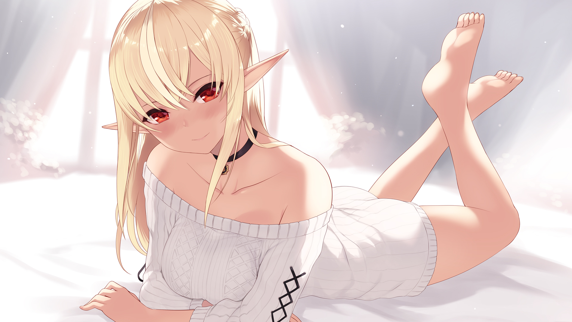 Anime 1920x1080 anime anime girls Hololive Virtual Youtuber Shiranui Flare Cait Aron blonde pointy ears red eyes barefoot simple background smiling bare shoulders dress sweater sweater dress elves dark elf dark skin lying on front feet in the air