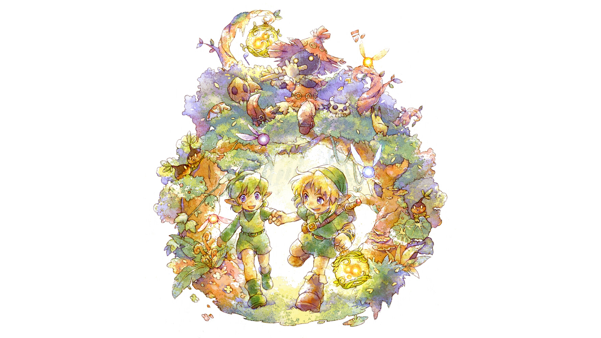 General 1920x1080 Link Saria skull kid The Legend of Zelda watercolor anime Lost Woods white background